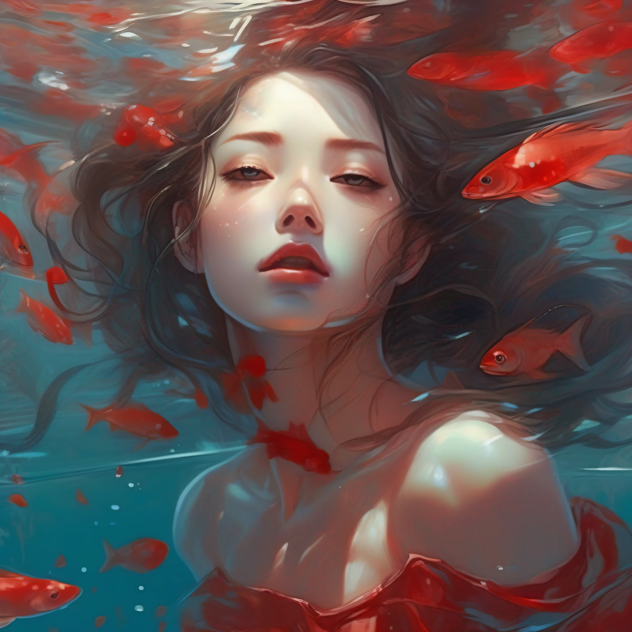 woman underwater with small amount of water, in the style of miho hirano, red, zhang jingna, smooth and shiny, charming illustrations, edward cucuel, close up --ar 115:154 --niji 5