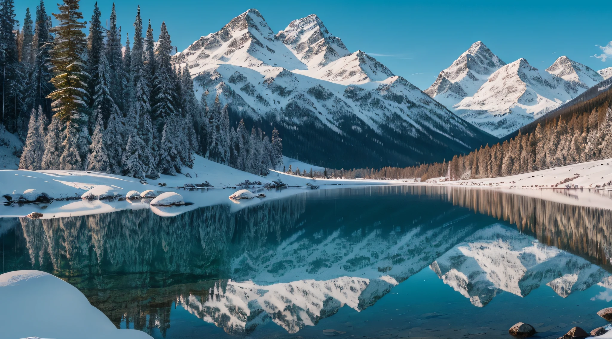 A large lake surrounded by tall trees and snow-capped mountains