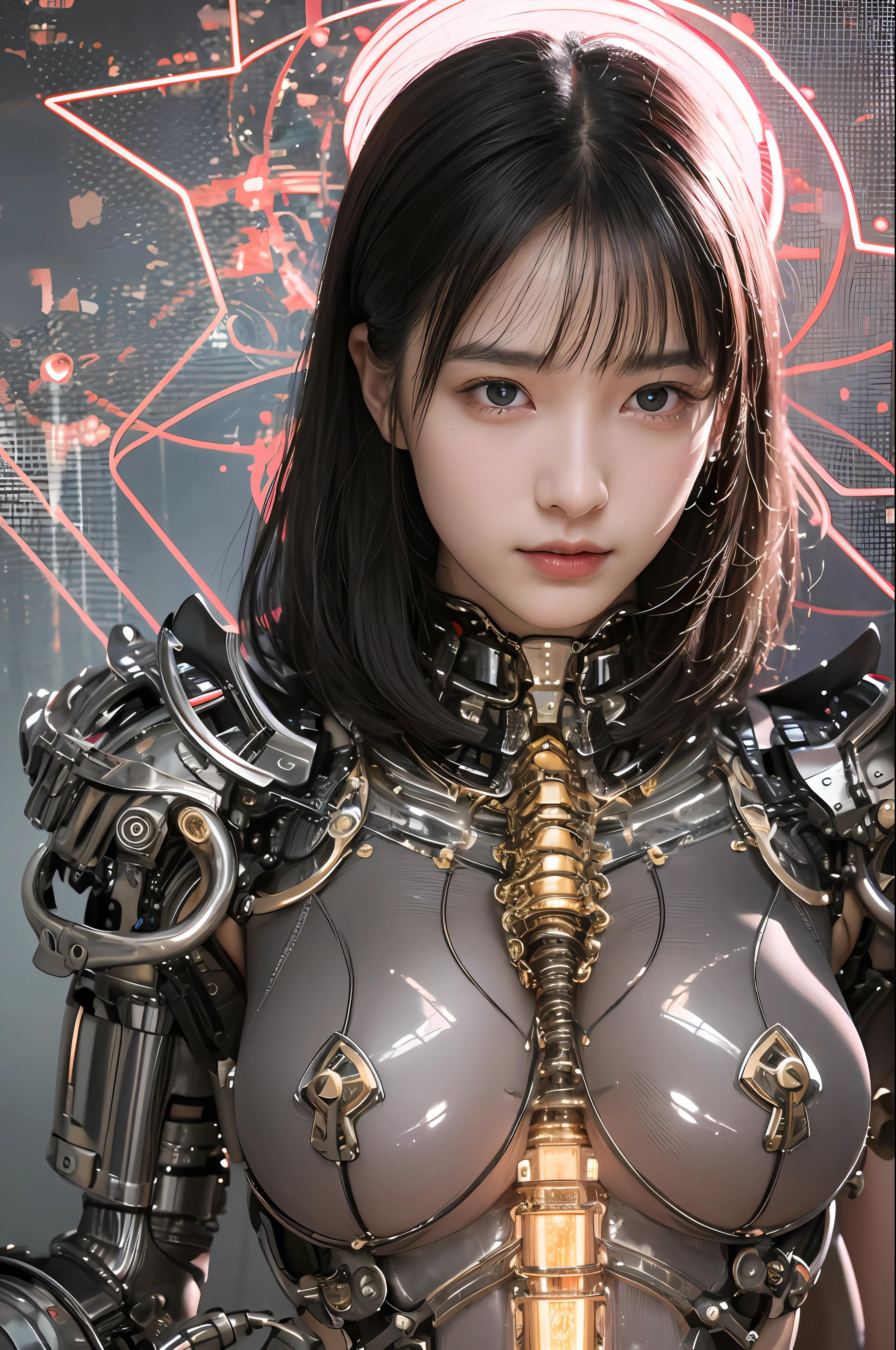 beste Quality、masterspiece、ultra-highres、(photorealestic:1.4)、Raw photo、1人、Black hair、glowy skin、1 Cyberpunk Girl、((ultra realistic details))、portlate、Global Illumination、Shadow、Rendu octane、8K、ultrasharp、Giant tits、Raw skin is exposed in cleavage、metals、Details of complex ornaments、Sumerian details、high intricate details、Realistic light、CGSoation Trends、violet colored eyes、shinning eyes、Facing the camera、neon details、Mechanical limbs、blood vessels connected to tubes、Mechanical vertebrae attached to the back、mechanical cervical attaching to neck、sitting on、Wires and cables connecting to the head、Small LED lamps、Glowing tube、