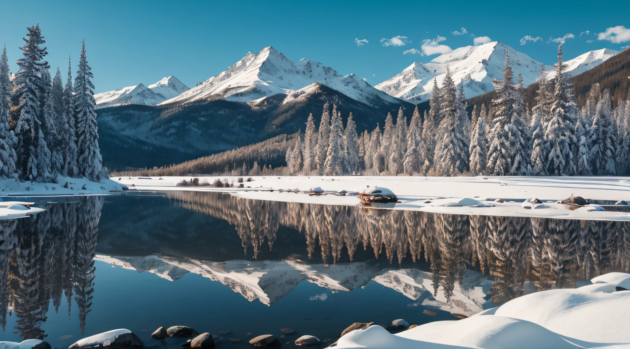 A large lake surrounded by tall trees and snow-capped mountains