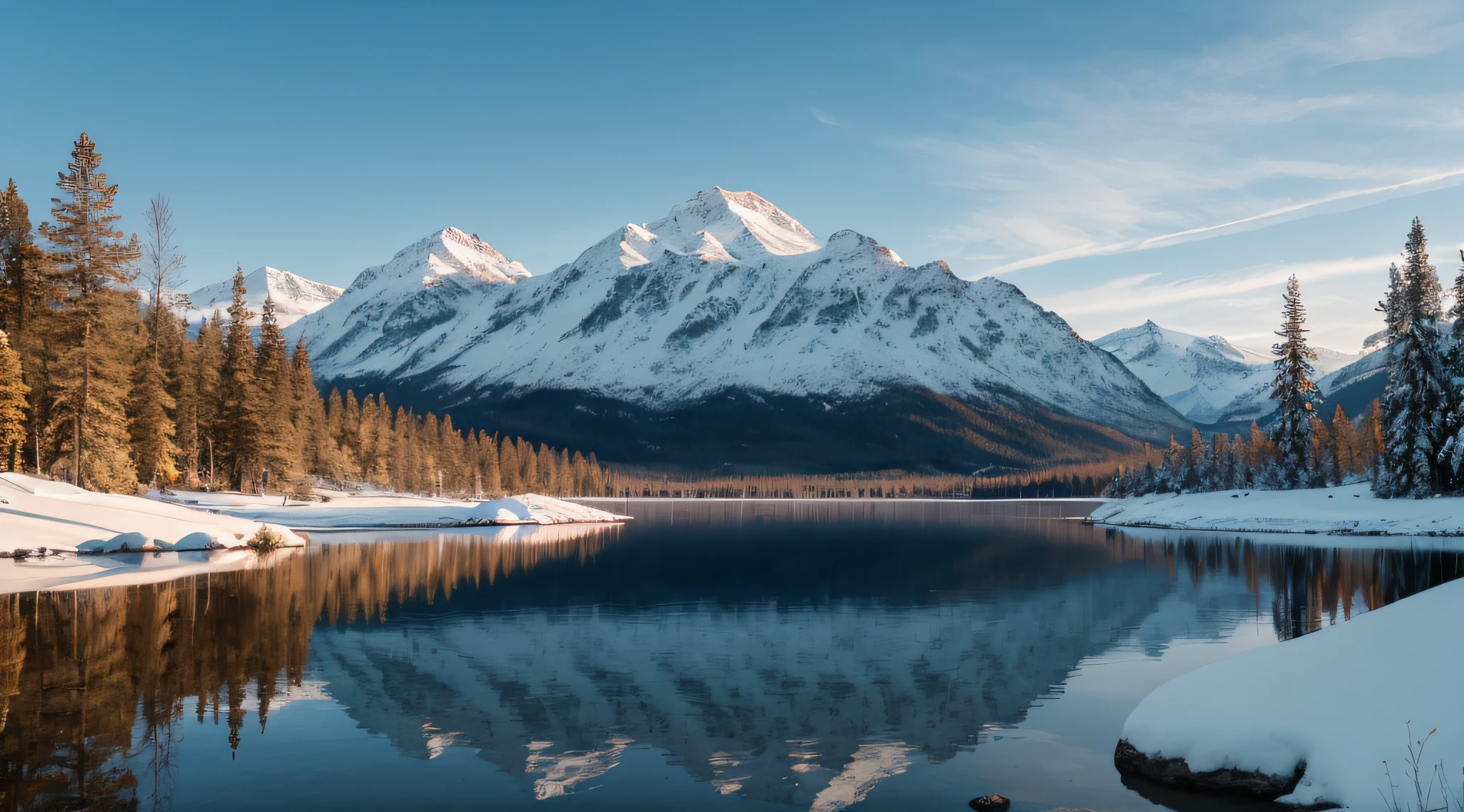 A large lake surrounded by tall trees and snow-capped mountains