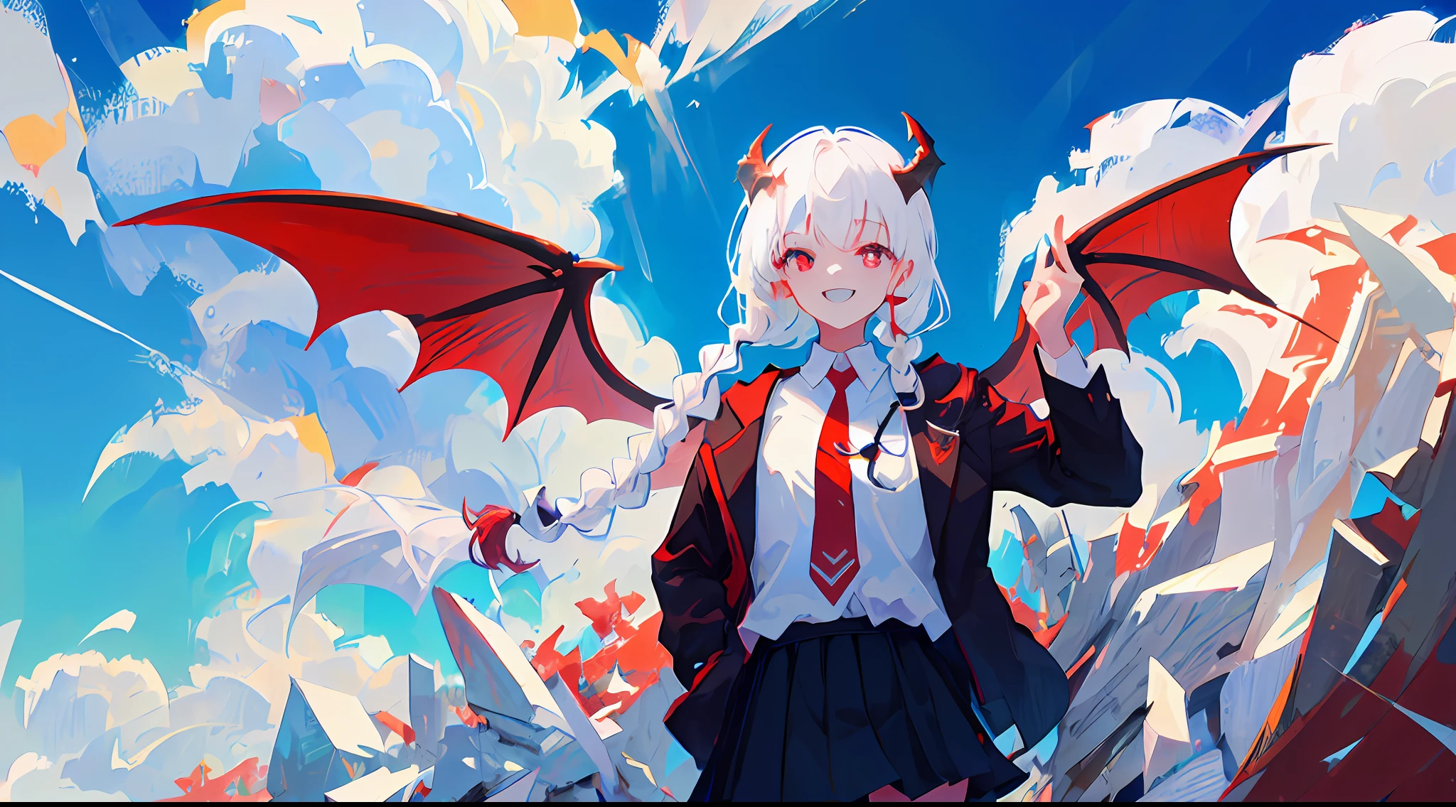 1girl, Red eyes、Sharp eye light、red necktie、Black jacket、White shirt、Black miniskirt、Student uniforms、Sorrisos、White hair、Braids、Dragon Wings、Dragon's horn、Dragon's tail、Naturally、blue skies、white clouds、Mystical light, upper body, angle from above