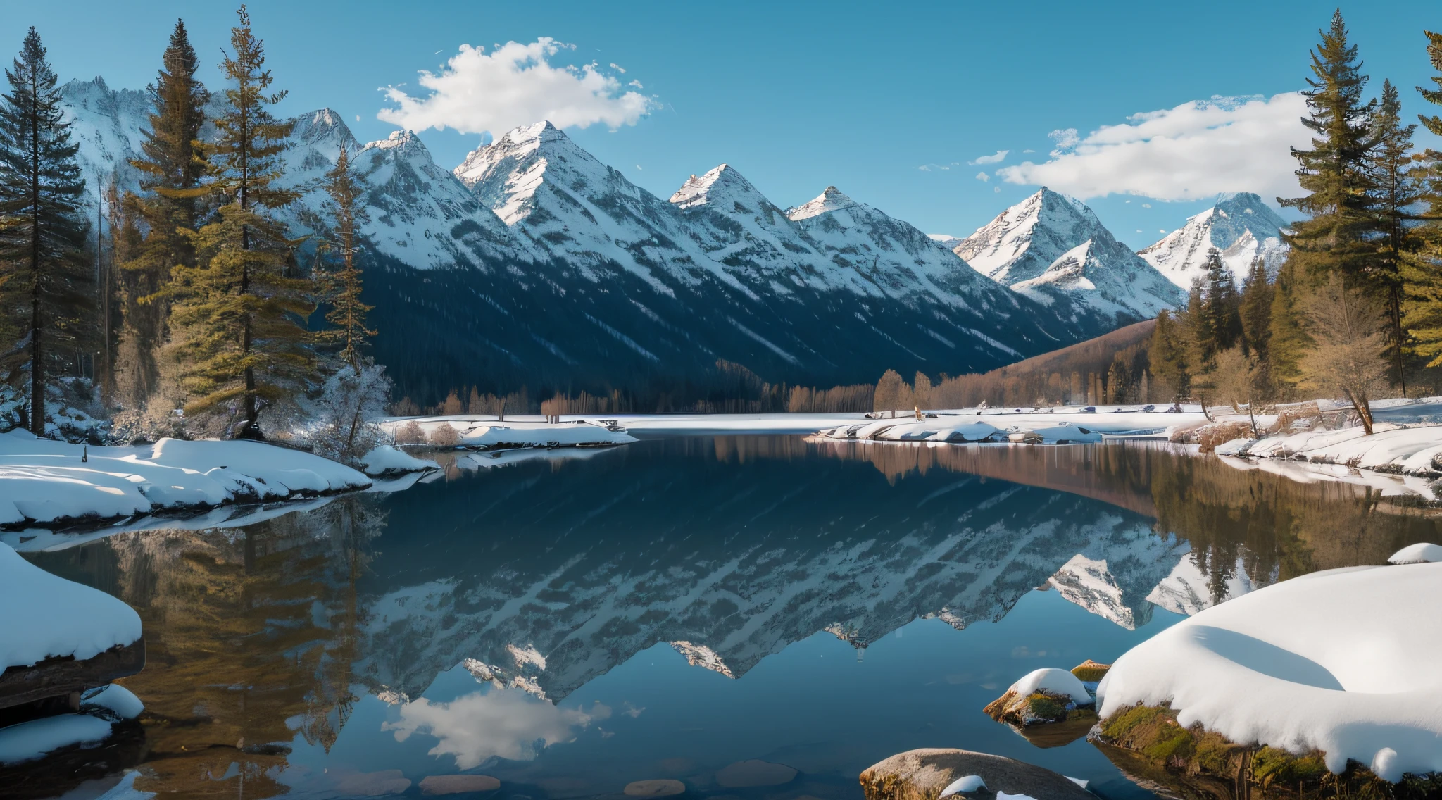 A large lake surrounded by tall trees and snow-capped mountains