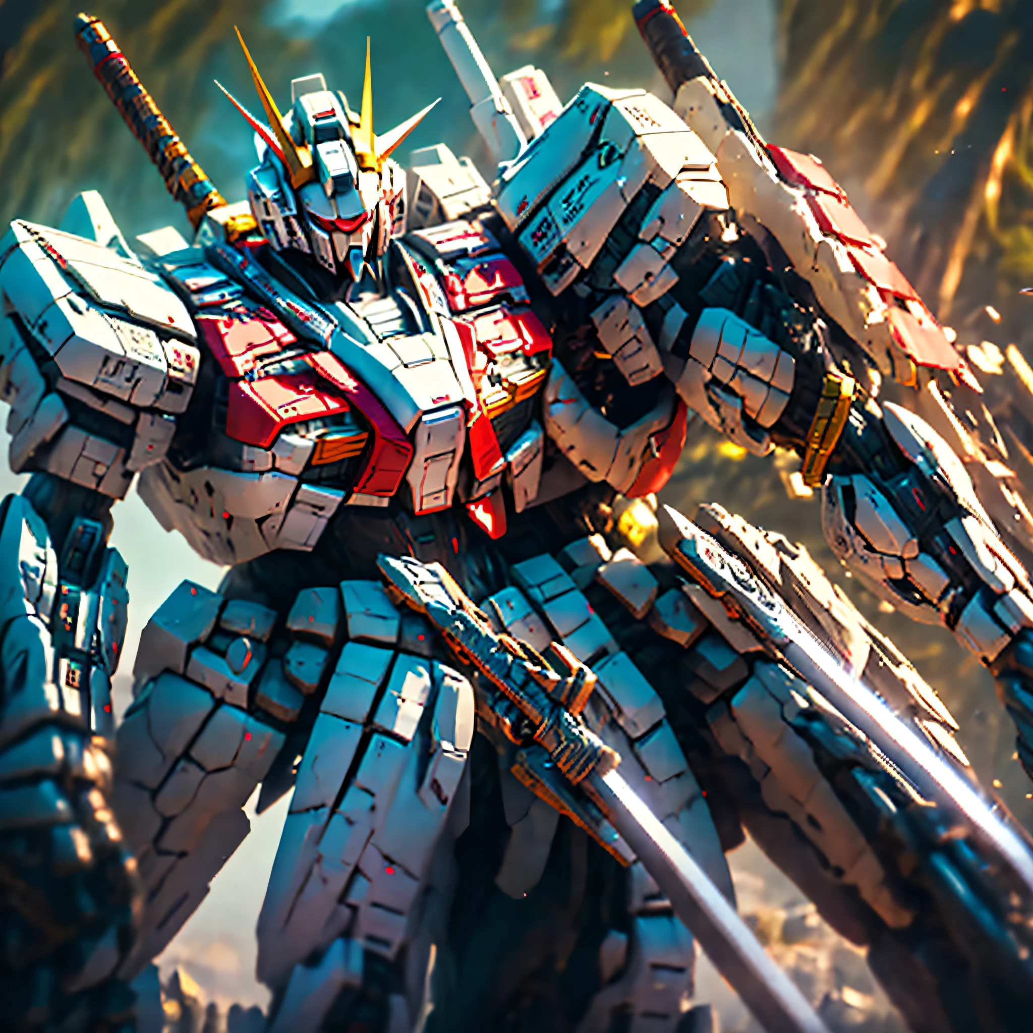 Statue of Arakhi,A large robot with a sword on it, on a gundam, GUNDAM ROBOT, gundam is windmill shaped, gundam style, an anime large mecha robot, Mobile Suit, gundam, Extreme Gundam, taken with sony a7r camera, Mobile Suit Gundam, GUNPLA, giant anime mecha, Gundam armor