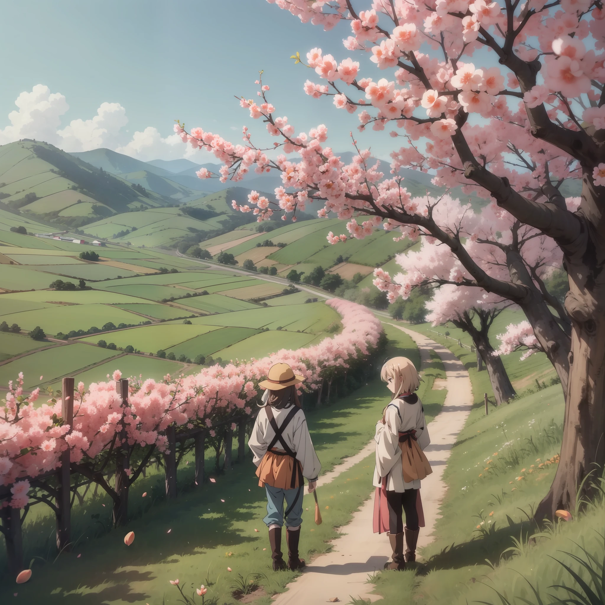 Several farmers stand in a peach orchard on a hillside，Lots of peach trees，Peach blossoms bloom（The background is a peach orchard on the hillside 1.5）Anime style 4 K，Anime rendering，style of anime。8K，（（Cinematic lighting 1.5）