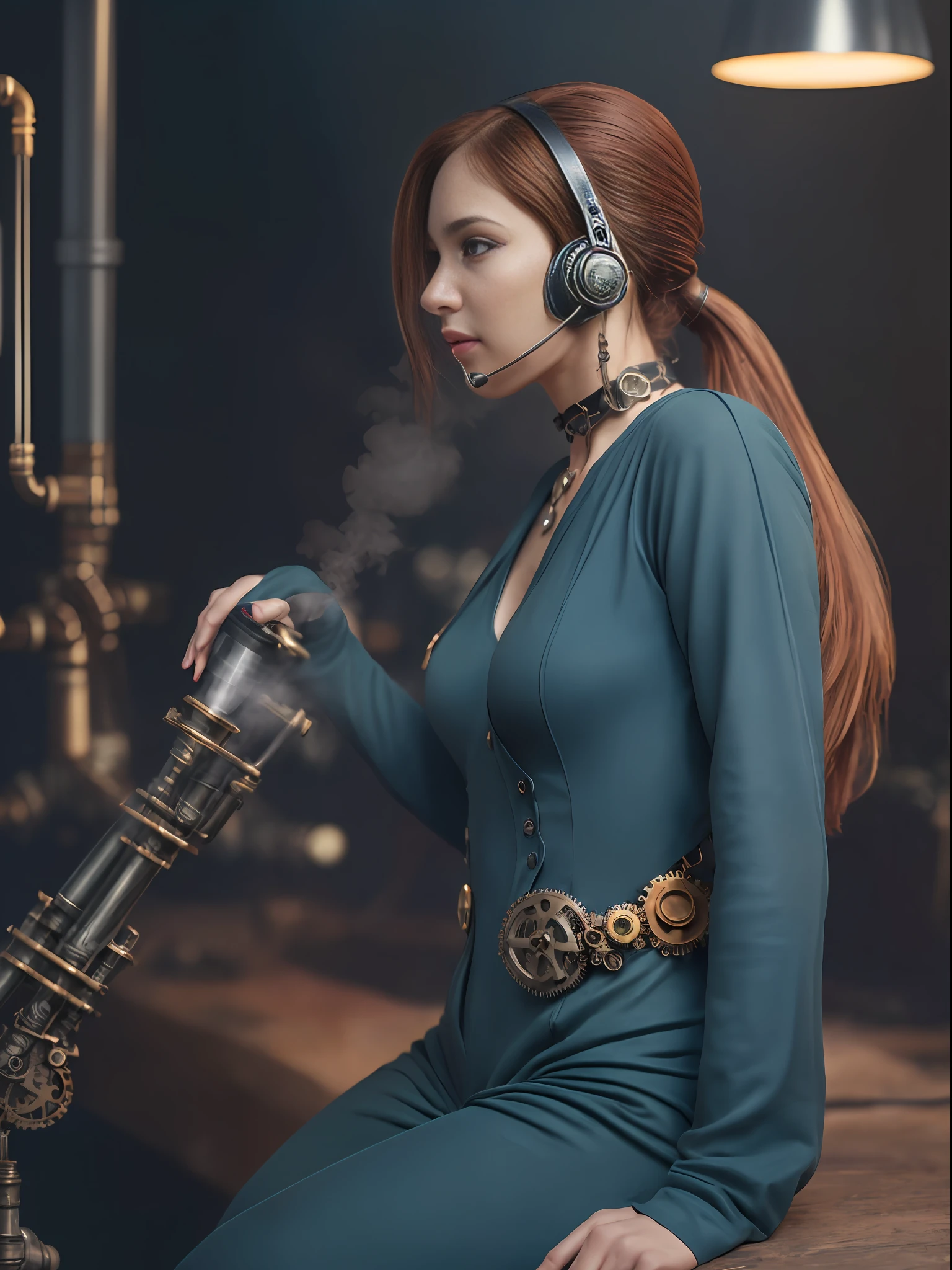 (photo, photorealistic:1.37), one girl, full body, sitting on a chair, shot from side, profile, slow motion, female steampunk engineer, (wearing a gray jumpsuit with steampunk details:1.2),(ornately decorated intercom headset:1.3), (ornately decorated choker), (insanely detailed steampunk, bloom:1.5), (detailed pupils:1.1), detailed face and green eyes, Masterpiece, best quality, (highly detailed photo:1.1), (long ginger Hair, ponytail,ecstatic:1.1), (young woman:1.1), sharp, (perfect body:1.1), realistic, real shadow, 3d, (steampunk workshop interior filled with lots of steam pipes background:1.2), photographed by Canan EOS R6, 135mm, 1/1250s, f/2.8, ISO 400
