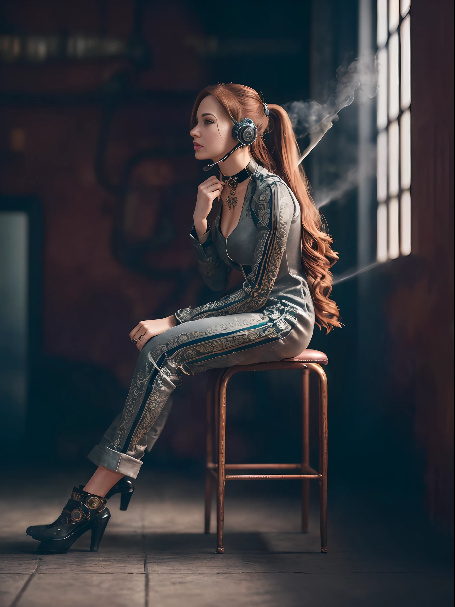 (photo, photorealistic:1.37), one girl, full body, sitting on a chair, shot from side, profile, slow motion, female steampunk engineer, (wearing a gray jumpsuit with steampunk details:1.2),(ornately decorated intercom headset:1.3), (ornately decorated choker), (insanely detailed steampunk, bloom:1.5), (detailed pupils:1.1), detailed face and green eyes, Masterpiece, best quality, (highly detailed photo:1.1), (long ginger Hair, ponytail,ecstatic:1.1), (young woman:1.1), sharp, (perfect body:1.1), realistic, real shadow, 3d, (steampunk workshop interior filled with lots of steam pipes background:1.2), photographed by Canan EOS R6, 135mm, 1/1250s, f/2.8, ISO 400