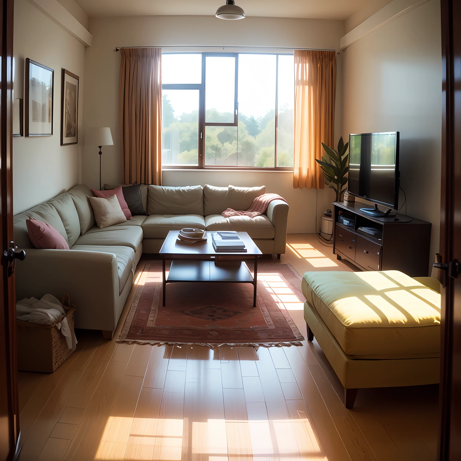 In a hall,There was a sofa,There is a TV opposite the sofa,Air conditioning on the walls,There are picture frames on the walls,There was a big blanket,There is a coffee table,There are floor-to-ceiling windows,Simple style,巨作, high resolusion, 1080p, 4K --auto