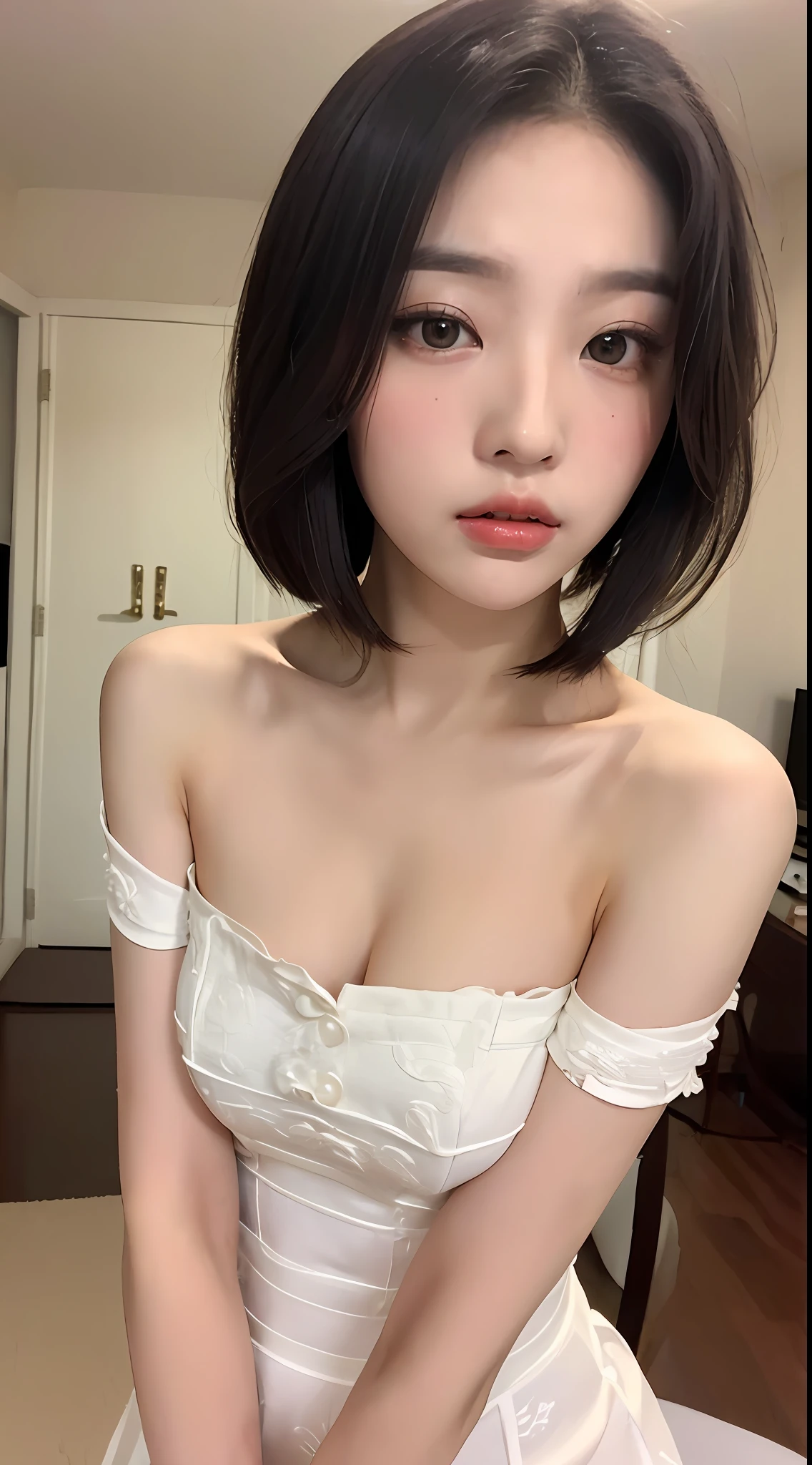 ((品质最佳, 8K, 巨作 :1.3)), Sharp focus :1.2, ((short shoulder length hair:1.2)), (ta costume:1.1 ), (inside room:1.2), Highly detailed facial and skin texture, detailed eye, Double eyelid,Close-up,Seductive expressions,Eyes are confused,Flushed complexion,