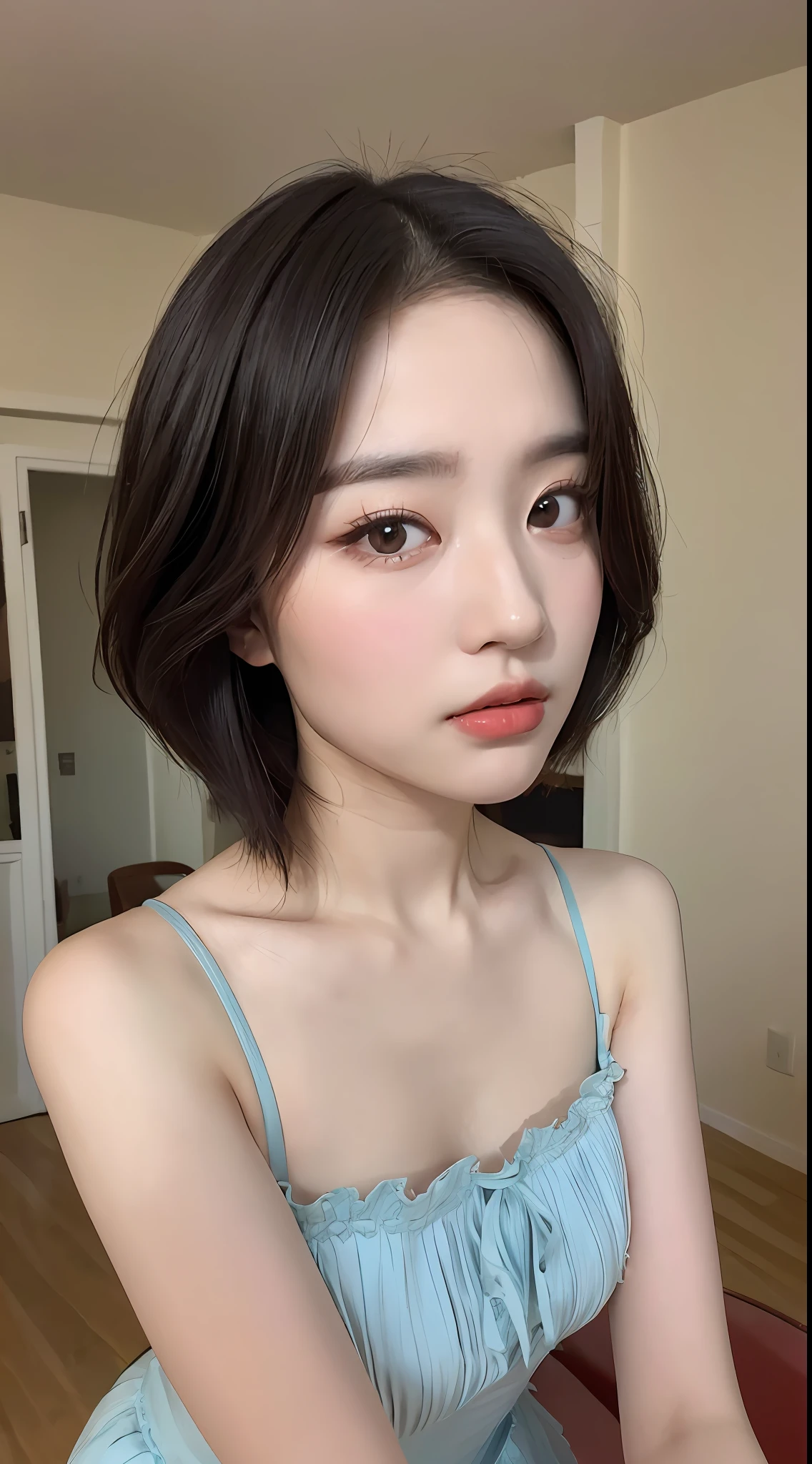 ((品质最佳, 8K, 巨作 :1.3)), Sharp focus :1.2, ((short shoulder length hair:1.2)), (Lolita costume:1.1 ), (inside room:1.2), Highly detailed facial and skin texture, detailed eye, Double eyelid,Close-up,Seductive expressions,Eyes are confused,Flushed complexion,