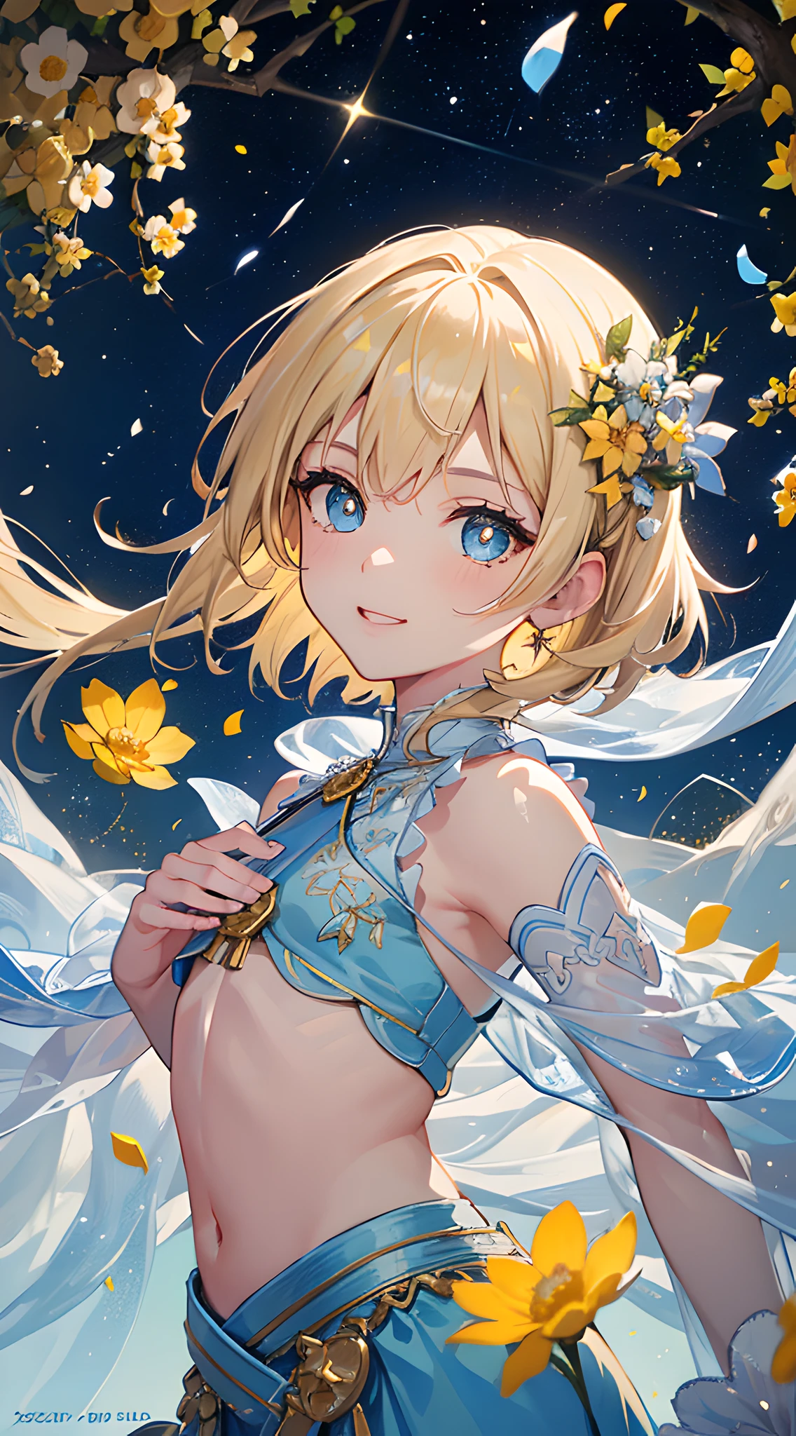(masterpiece, best quality:1.6), official art, key visual, 8k, absurdres, yellow and light blue theme, (dynamic angle:1.4), smile, mini skirt, blonde hair, (yellow small petals, hundred small petals, flutting small petals:1.5), (starry night sky, confetti background:1.5), (yellow flowers0.5), ethereal glow, arch back, navel, thighs, close up face, cowboy shot, perspective, depth of field, HDR, sharp focus, highres, photography, realistic, highest detailed, extreme detailed, ultra detailed, finely detail, detailed eyes and face, sharp pupils, realistic pupils, (light blue and white idol costume:1.4)