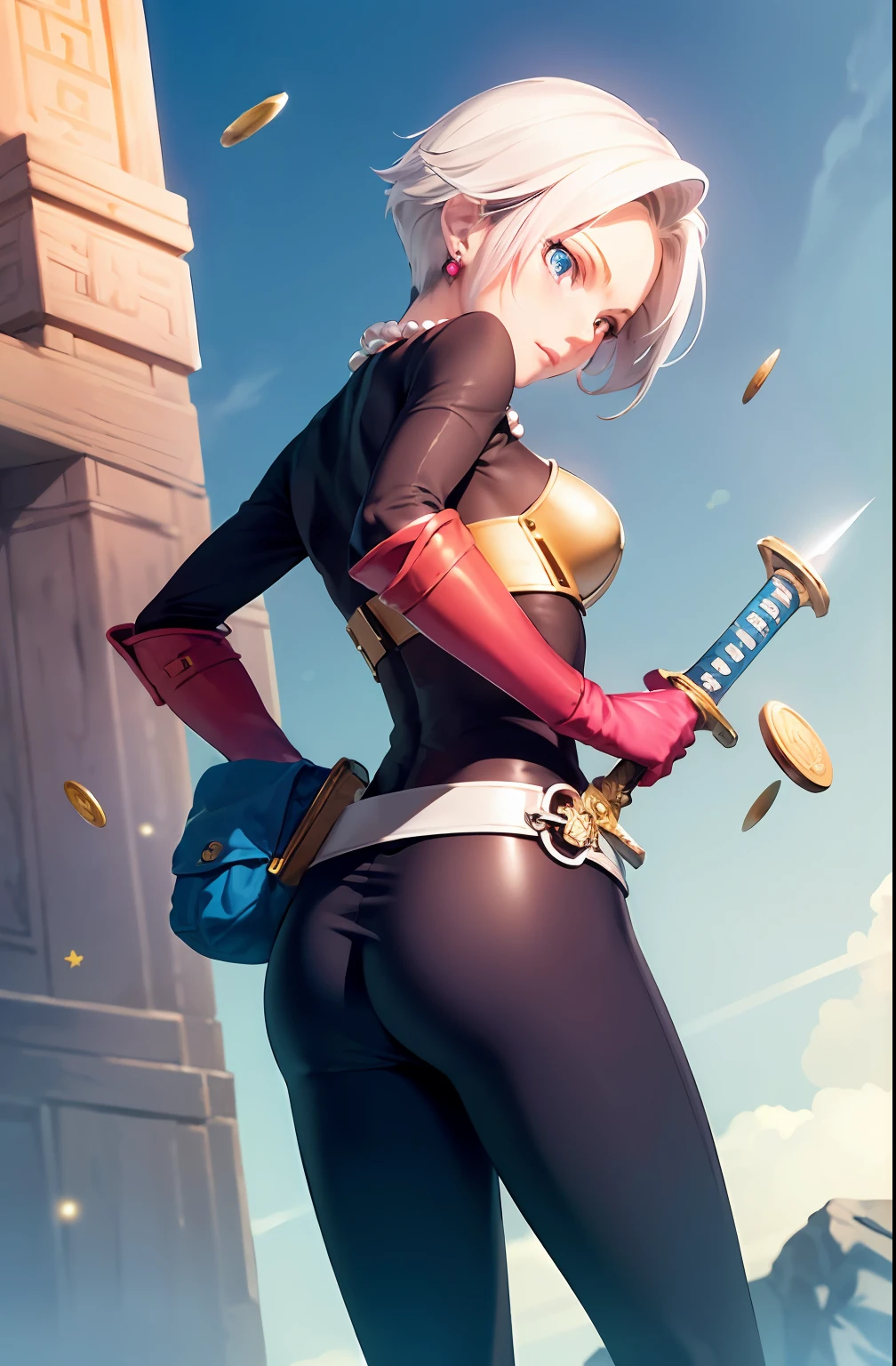 (masterpiece, best quality:1.1), thief (dq3), 1girl, solo, short hair, white hair, blue eyes, medium breasts, pink gloves, jewelry, pearl necklace, earrings, belt, sword, yellow breastplate, black bodysuit, bag, (coin, sword on hip:1.2), (dutch angle, dynamic pose, from behind:1.3), (blue skies, nature:1.2)