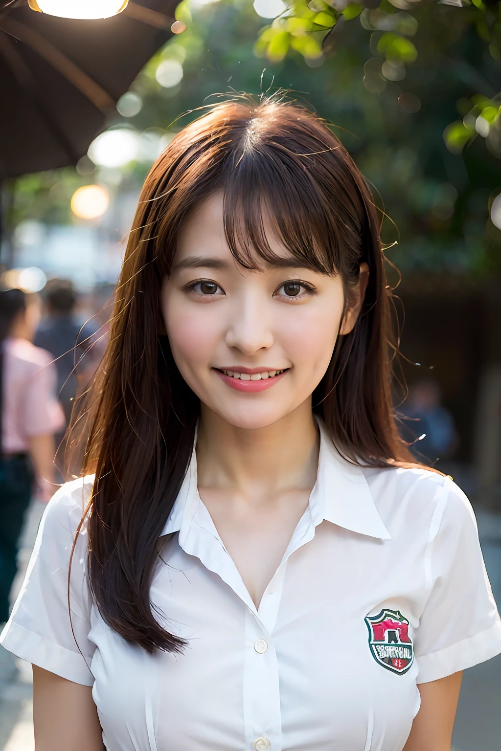 女の子1人、happiness、smile on face、(In the street:1.2)、((Transaction service:1.2))、night、RAW Photography、(photorealestic:1.37、Realstic)、High Definition CG Integrated 8K Wallpapers、Viewer's Perspective、(((straight)from front view)))、(HQ Skin:1.8、shiny skins)、8k UHD、DSLR、Soft Lighting、high - quality、Film Grain、FUJIFILM XT3、((upper-body:1.6))、(Professional Writing:1.6)Enlarge your bust
