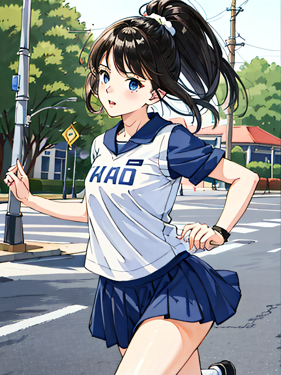 A young woman("Mes"),Wear ordinary short sleeves and skirts,The expression is firm,Running for a job,The background is a college campus after graduation。