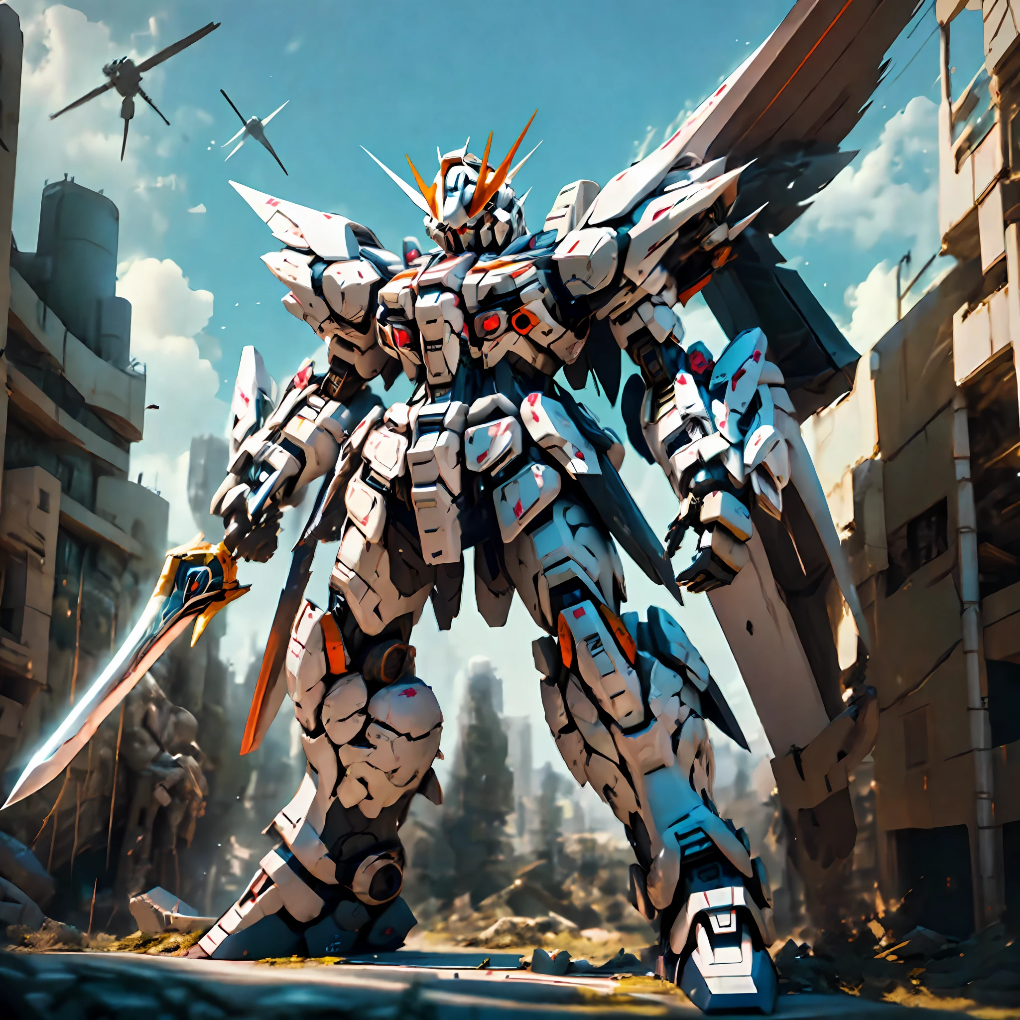 Statue of Arakhi,A large robot with a sword on it, on a gundam, GUNDAM ROBOT, gundam is windmill shaped, gundam style, an anime large mecha robot, Mobile Suit, gundam, Extreme Gundam, taken with sony a7r camera, Mobile Suit Gundam, GUNPLA, giant anime mecha, Gundam armor