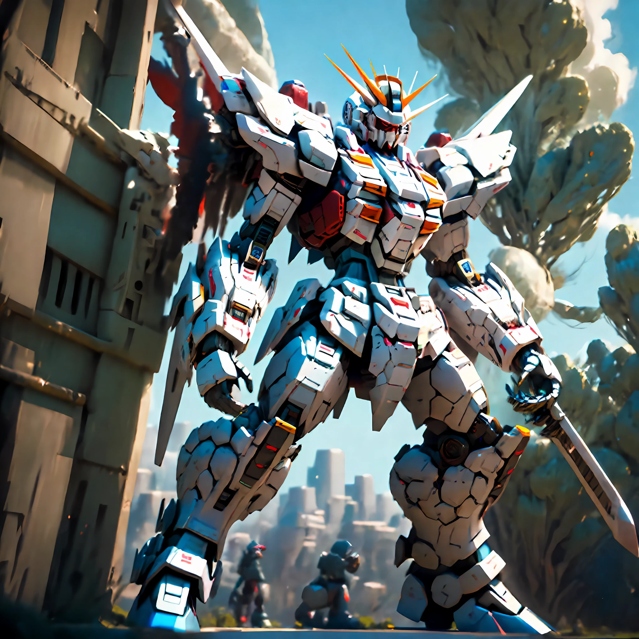 Statue of Arakhi,A large robot with a sword on it, on a gundam, GUNDAM ROBOT, gundam is windmill shaped, gundam style, an anime large mecha robot, Mobile Suit, gundam, Extreme Gundam, taken with sony a7r camera, Mobile Suit Gundam, GUNPLA, giant anime mecha, Gundam armor