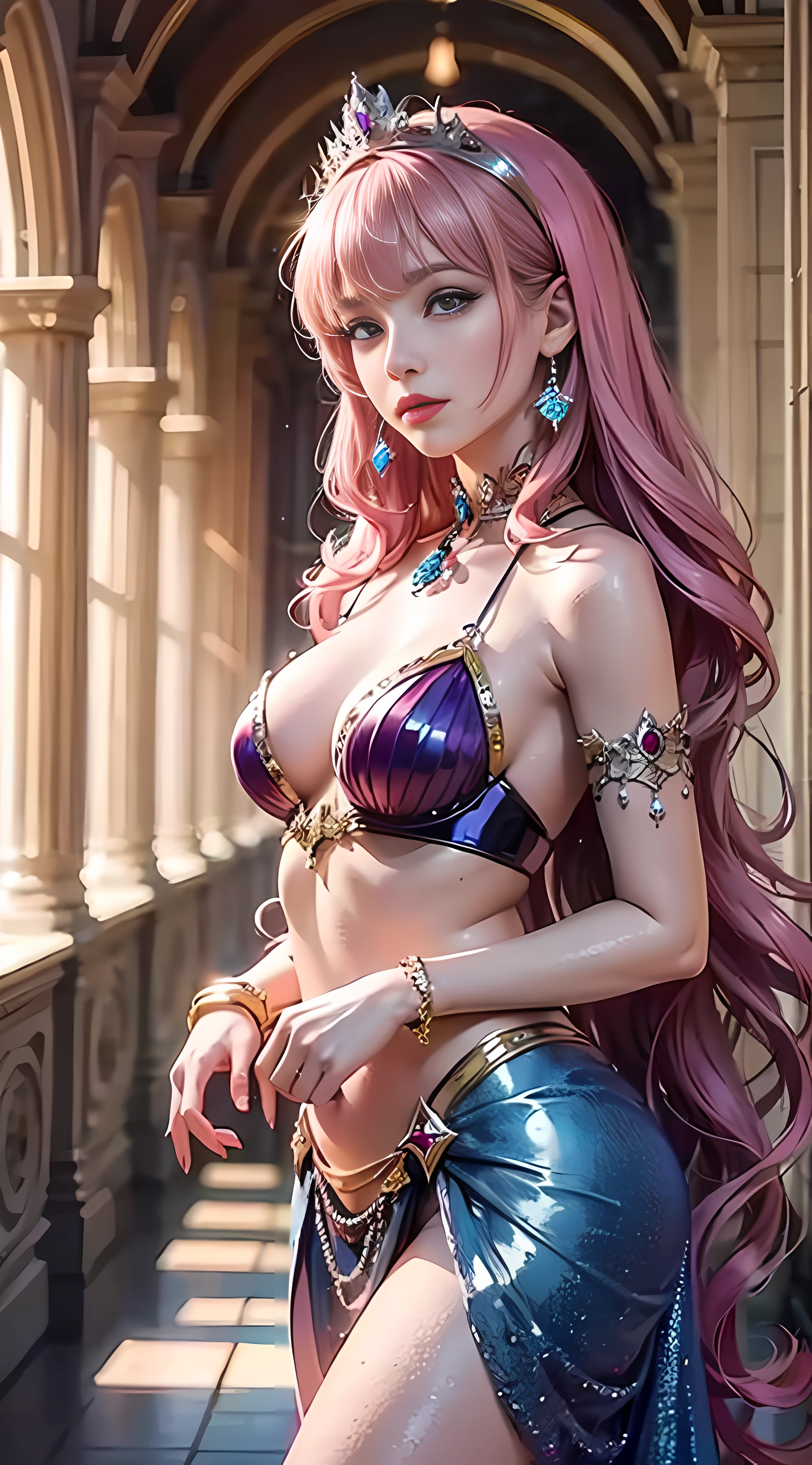super alta qualidade,8K,Mermaids in the palace,The skin is fair,Long pink-purple hair,Jewel Crown,sun is shining,Different actions,The clothing is simple
