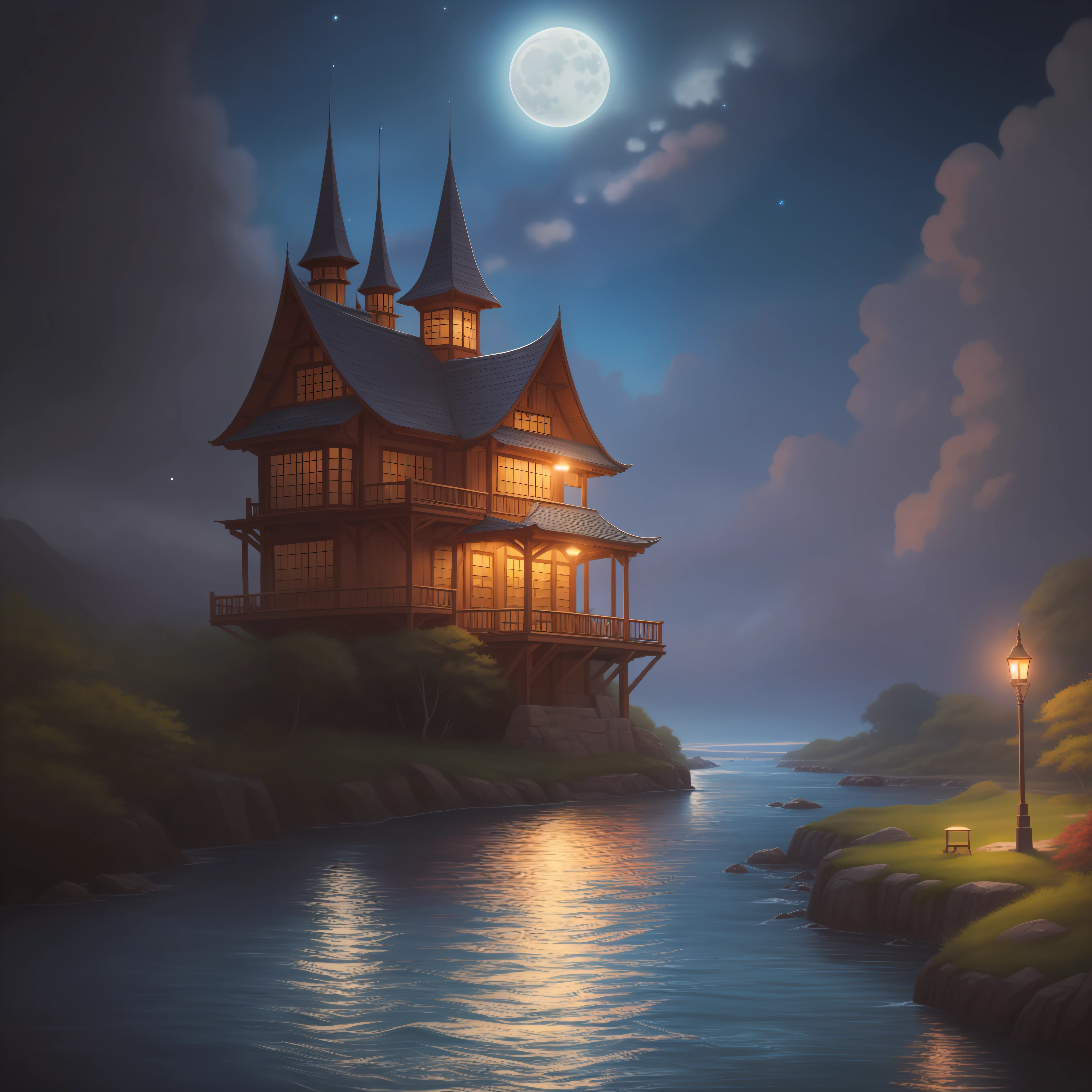 A painting of a river with stars and moon in the sky, concept art inspired by Tosa Mitsuoki, pixiv contest winner, best quality, fantasy art, beautiful anime scene, a bright moon, moonlit starry environment, dream painting, Anime Background Art, Fantasy Landscape Art, Fantasy Night, Anime Background, Background Artwork, Fantastic Art, Atmospheric Anime, Starry Sky, Detail Enhanced.