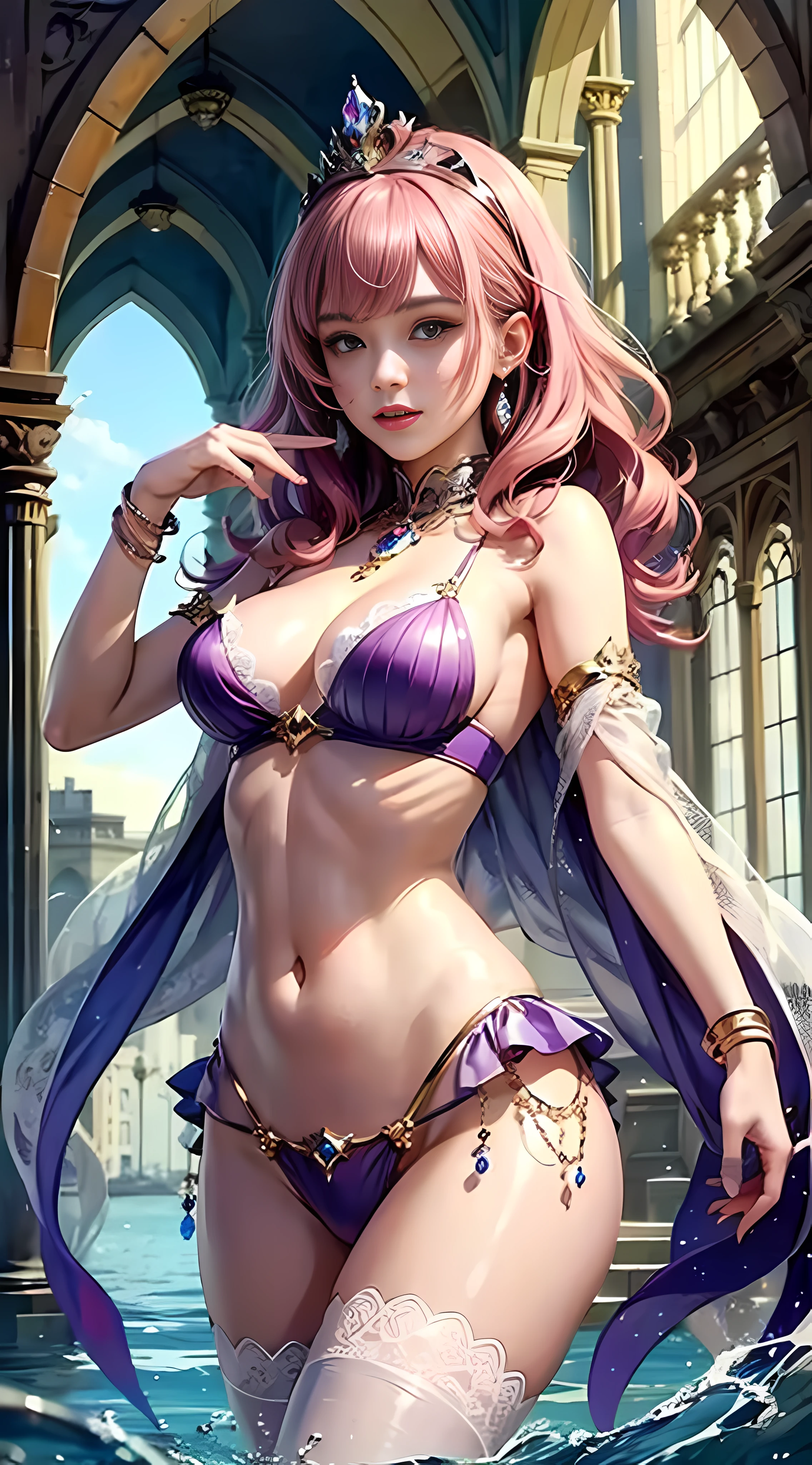 super alta qualidade，8K，Mermaids in the palace，The skin is fair，Long pink-purple hair，Jewel Crown，sun is shining，Different actions，The clothing is simple