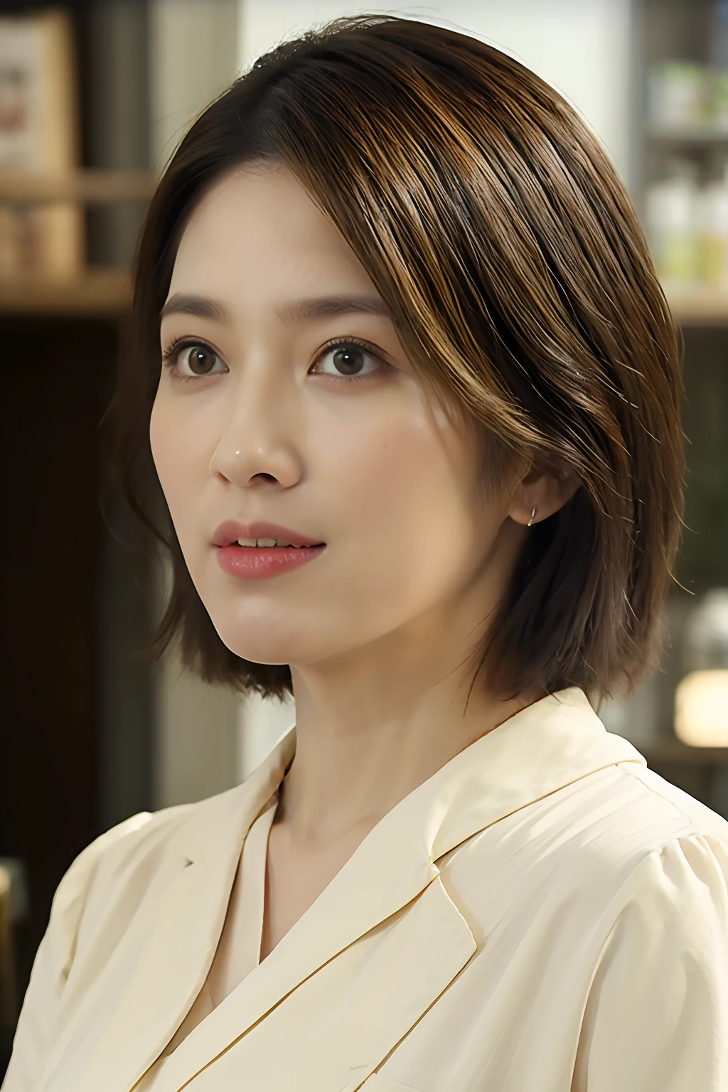 (supermarket:1), afternoon, doctor gown, light brown fringe short hair, light brown eyes, 1girl, innocent, (photorealistic), (intricate details:1.2),(masterpiece, :1.3),(best quality:1.4), (ultra highres:1.2), ultra high res, (detailed eyes), (detailed facial features), HDR, 8k resolution, (lens flare:0.7), turn around, busy on examine report, face viwer, drshe