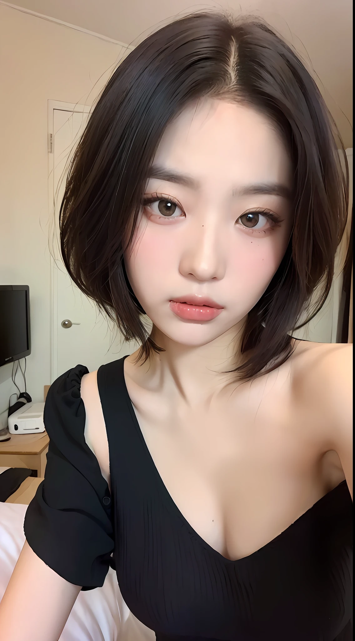((品质最佳, 8K, 巨作 :1.3)), Sharp focus :1.2, ((short shoulder length hair:1.2)), (ta costume:1.1 ), (bed room:1.2), Highly detailed facial and skin texture, detailed eye, Double eyelid,Close-up,Seductive expressions,Eyes are confused,Flushed complexion,