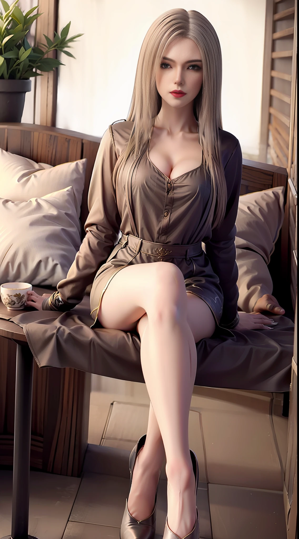 The ultra-great resolution,逼真,Photorealistic, imagination, (realistically), composition, (HDR:1.5), al fresco, complicated detail,chemise,a short skirt,blackstockings,a whole body,stilettos,8K,red-lips,ear ring,