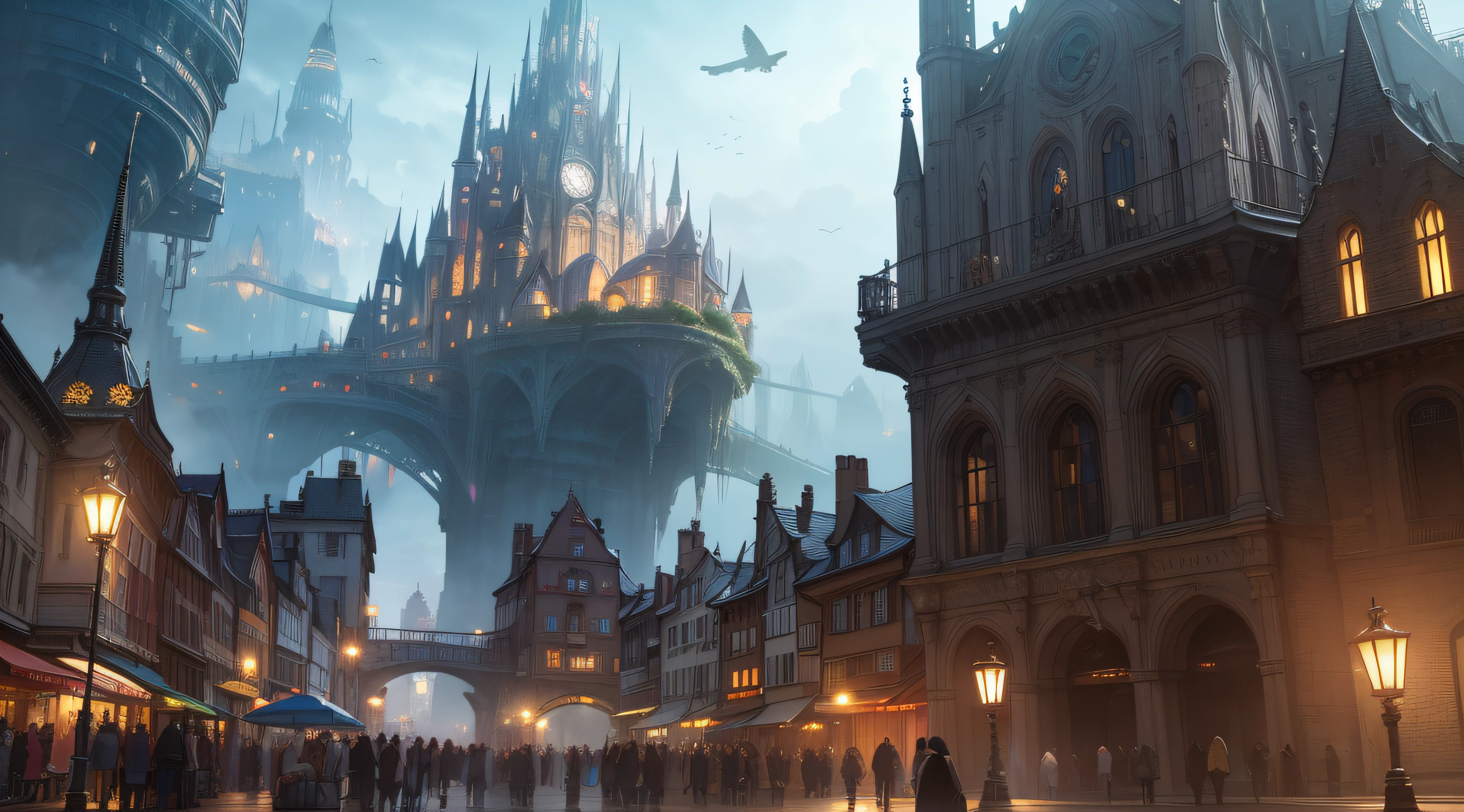 jiji,Bustling crowds,Streets,((chic), Best Picture Quality, Visual spectacle, Magical atmosphere, (FANTASY CITY OR QUIET MAGIC CITY), Summary of details, Immersive, (SPECIAL EFFECT LIGHTING OR LIVE LIGHTING)),middle ages,Europeans,There are wyverns in the sky,high resolusion,Ultra detailded,Realistic texture,Bold textures,Crazy textures,