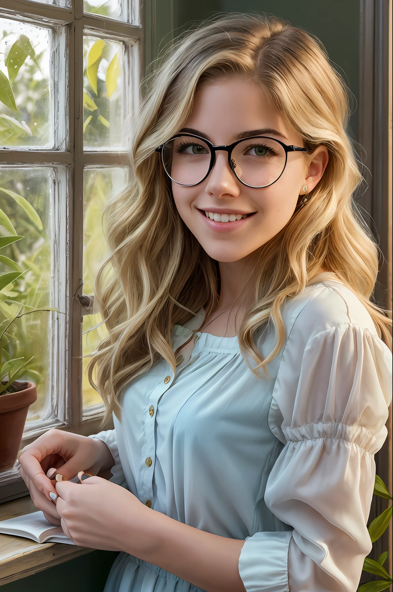 a pretty young girl
Emily Bett Rickards with a button nose a barrette holding
her messy wavy blonde hair ringlets frame her face a quiet study
green plants on the windowsill rays of morning light she smiles softly under black oval glasses reading peacefully a white peasant blouse sleeves rolled up to her elbows a pencil in hand --auto --s2