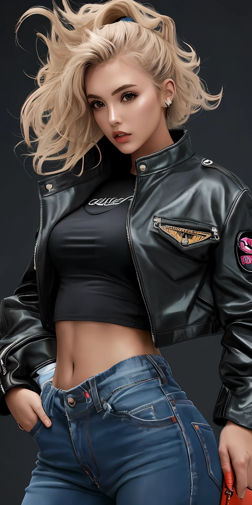 Mulher ruiva modelo linda, com jaqueta curta de coupre preto surrado outfit