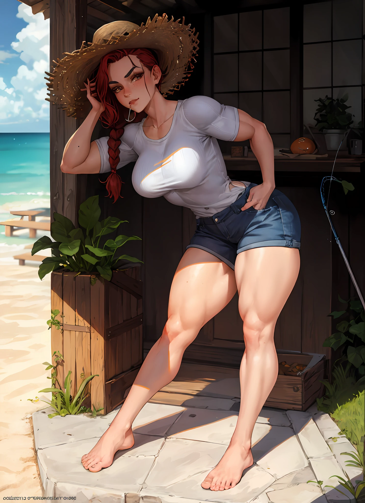 1girl, beautiful, perfect lighting, sunshine, on sea, muscular, thick thighs, mature woman, milf, muscular female, strong, bodybuilder, looking at the viewer (masterpiece, high quality: 1.1), straw hat, freckles, thick eyebrows, long nose, big nose, freckles on body, fishing, fishing boat, fishing rod, tanned skin, sunburn, red hair, braid, cargo pants, plaid shirt, loose clothes, neckline, bored, chewing straw, straw in mouth, thicc, cutesexyrobutts, cel-shaded art style, highly detailed exquisite fanart, female protagonist 👀 :8, Commission for high resolution, full body commission for, high quality fanart, various poses