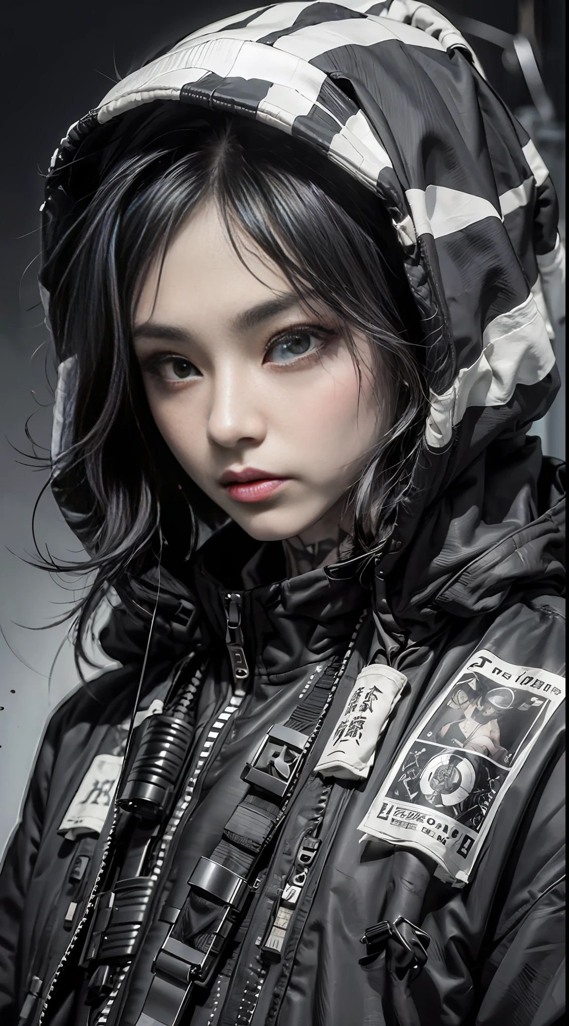 (品质最佳, 巨作)OriginalPhotographs,Fisheyes(rapper with dread hair, tattooed,mechanic arms)techwear jacket,Hood,scrolls,black and white clothes,Very detailed,Cinematic,Glow,ultrasharp,Particle