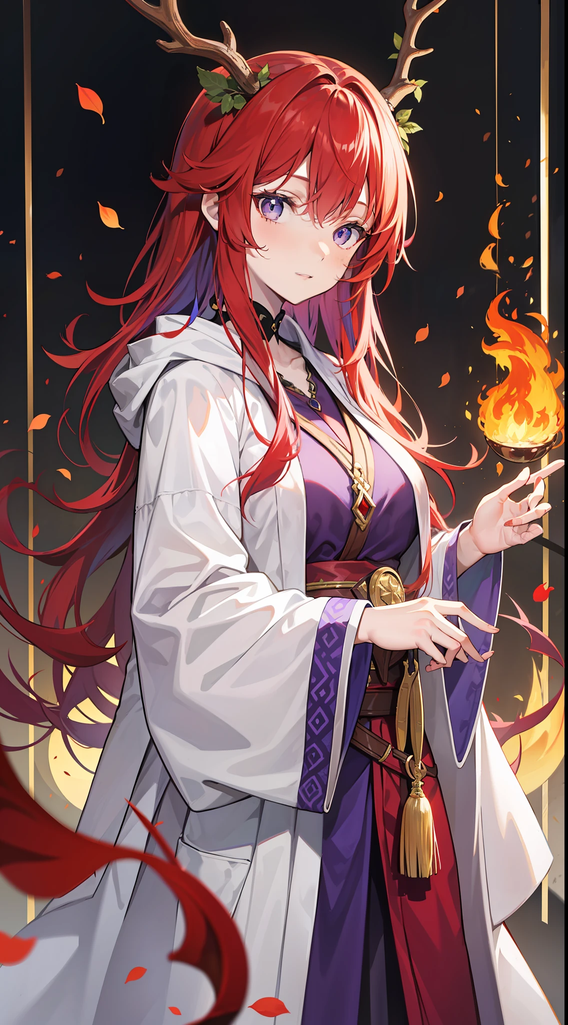 Adult woman, Long fiery red hair with purple ends, purple colored eyes, deer antlers, Herbalist's robe, Masterpiece, hig quality
