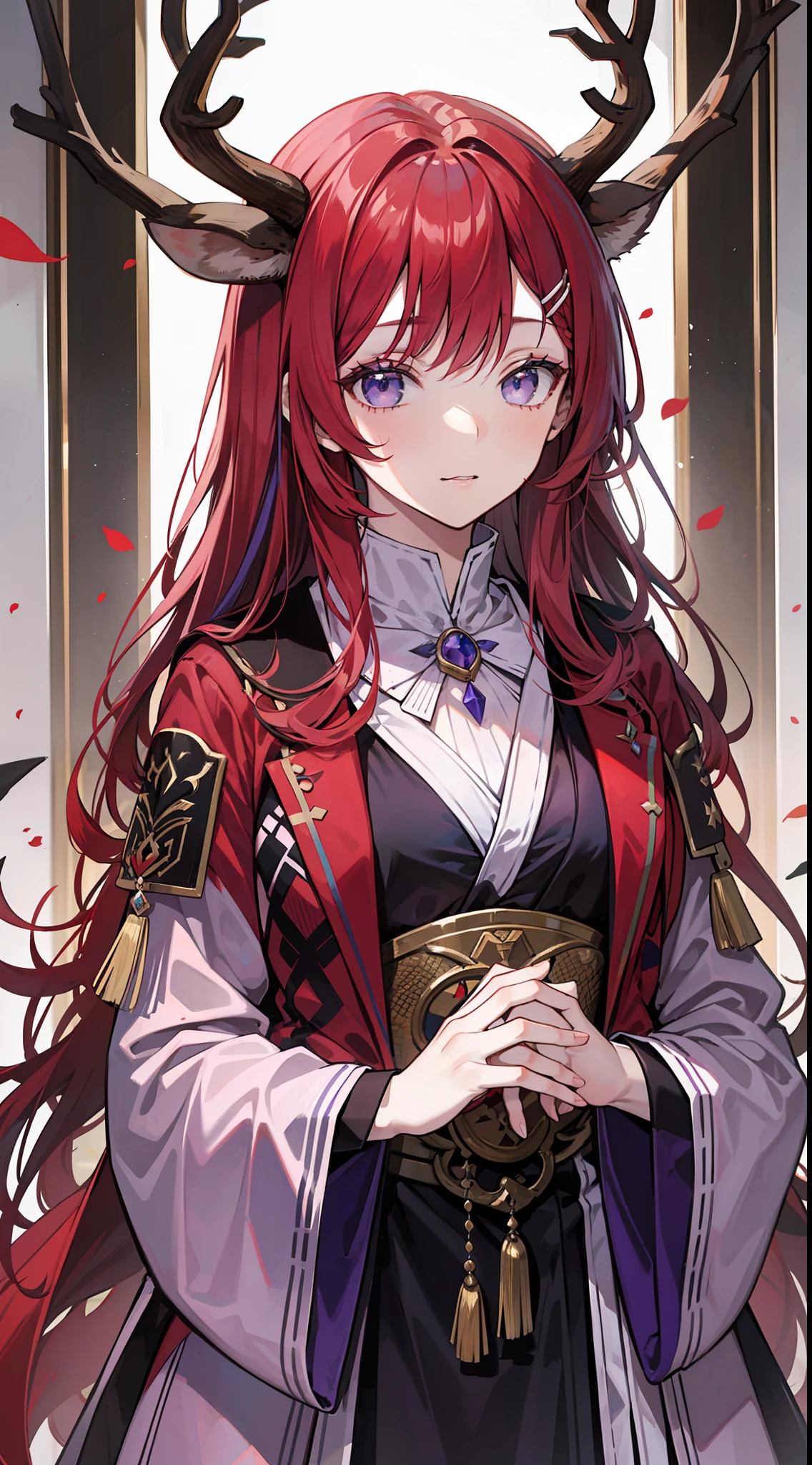 Adult woman, Long fiery red hair with purple ends, purple colored eyes, deer antlers, Herbalist's robe, Masterpiece, hig quality