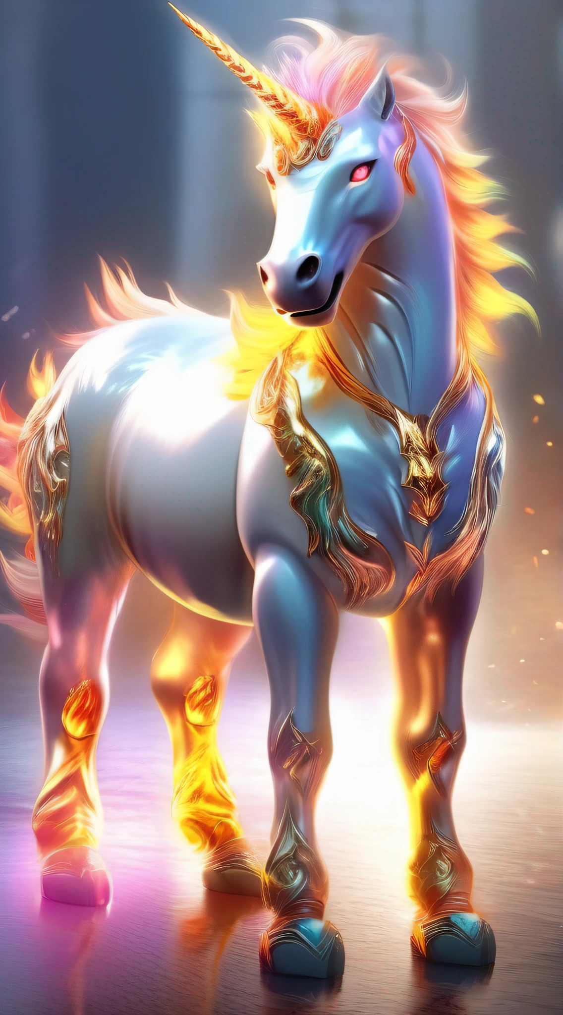Unicorn，Chinese mythical beasts，glistening shiny，it is crystal clear，Cutes，ren，prette，Mighty，The whole body is wrapped in flames，Ultra-fine fur，Golden eyes，intricately-detailed，Ice and fire background，Full body photo，strength，8K，Virtual Engine，octaneratingrendering，Ultra HDR，