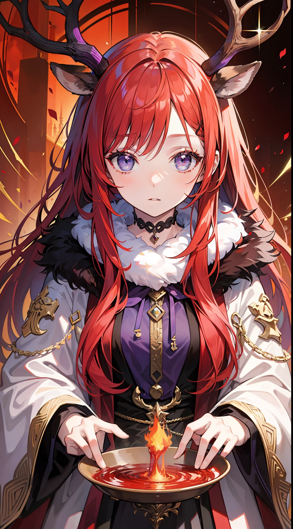 Adult woman, Long fiery red hair with purple ends, purple colored eyes, deer antlers, Herbalist's robe, Masterpiece, hig quality