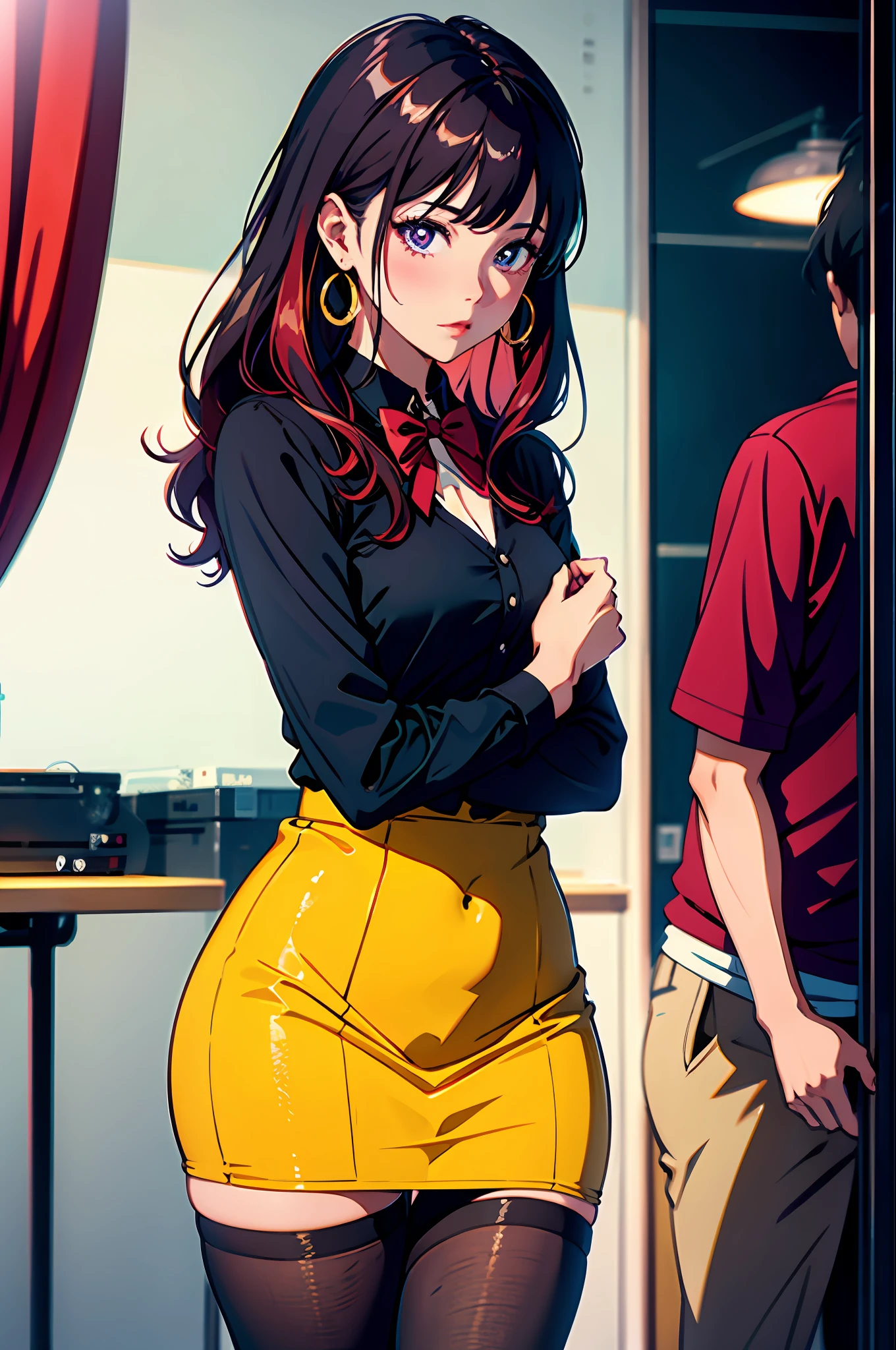 1girls, Female teacher,Delicate and beautiful face, get blush, Purple pupils,red tinted hair,long haired,ear ring, Plump chest,Convex buttocks,Black and white shirt,yellow bowtie,red short dress,Black lace stockings,perfectly proportioned, Detailed clothing details, On campus,There are many students around,Cinematic lighting, filmgrain, Fujicolor, light and darkcontrast, 8K, 巨作, Textured skin, Super detail, high detailes, High quality, high resolusion,