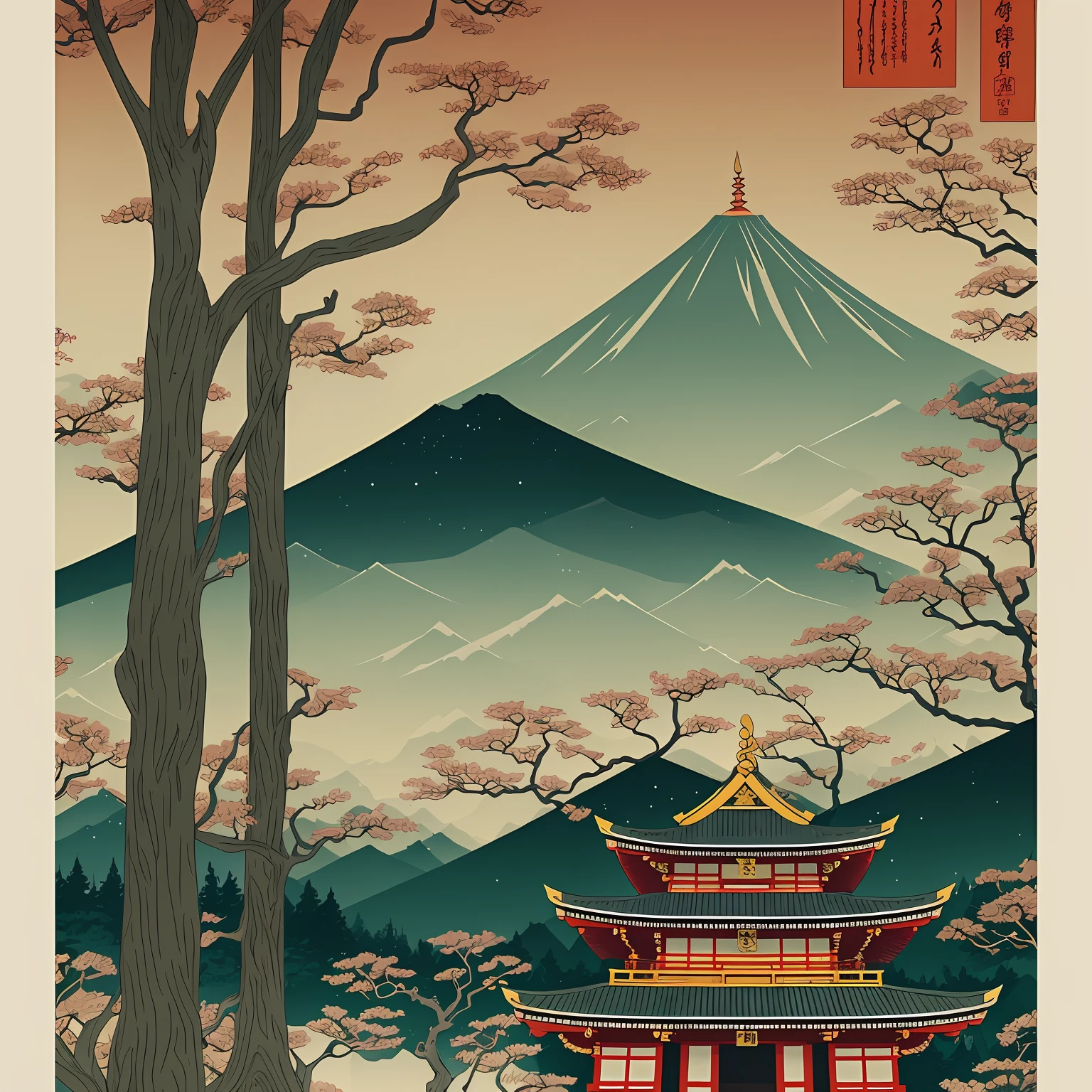 a poster of a pagoda in the middle of a forest, japanese art style, japanese inspired poster, studio ghibli and dan mumford, japan poster, eastern art style, kyoto inspired, inspired by Torii Kiyomasu, inspired by Yoshida Hanbei, inspired by Torii Kiyomitsu, inspired by Utagawa Hiroshige II --auto