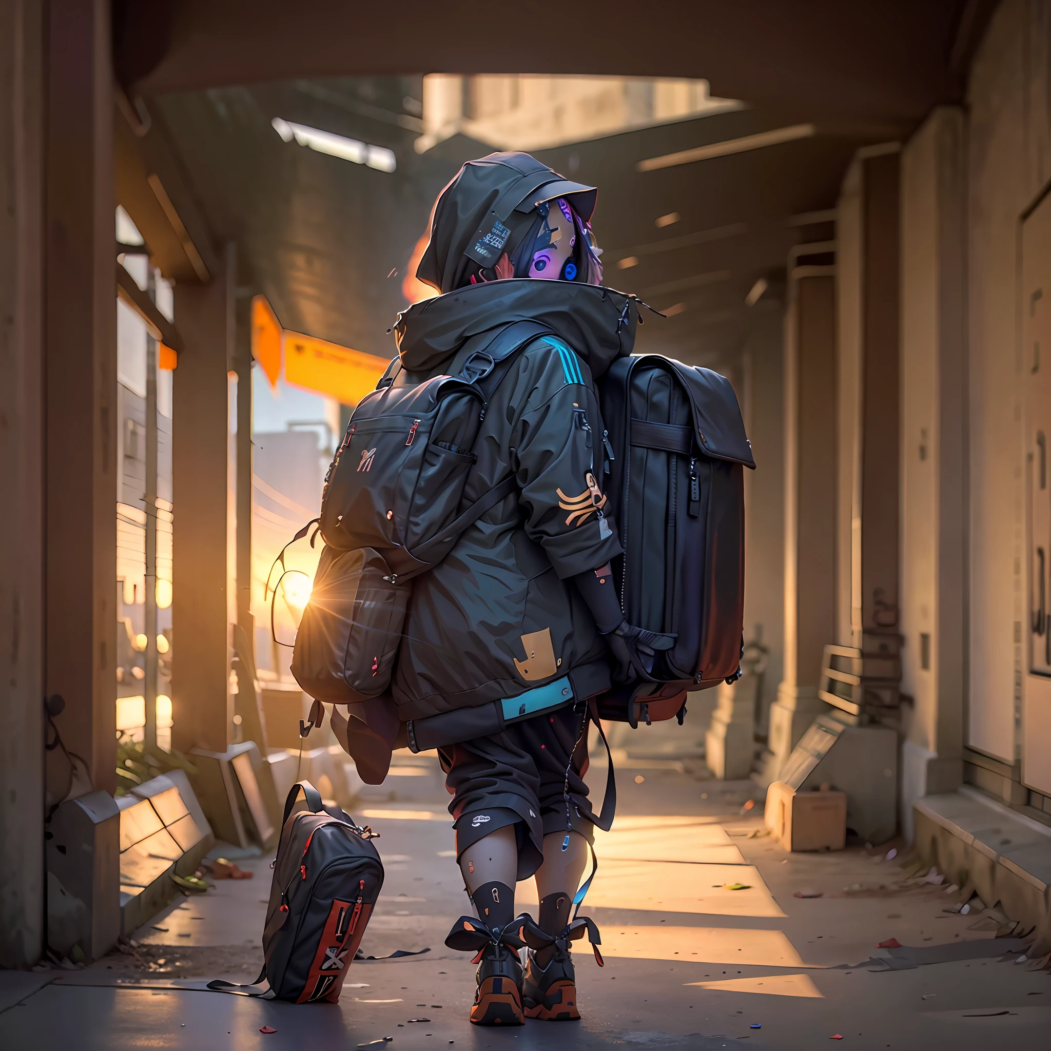 Menino mochileiro com mochila nas costas , montanhas, cyberpunk, por do sol, darka, hd ultra, good ilumination, 4k realista, ultra hd, fantasia --auto