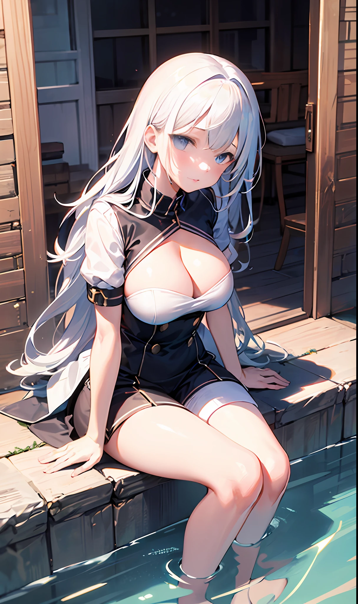 solo person，gal girl，white stocking，White short sleeves，wetclothes，largebreasts，Cleavage, Long silver-white hair, Blue eyes，duck sitting，，Face the lens，shylily，Cutes，tease，get  blush