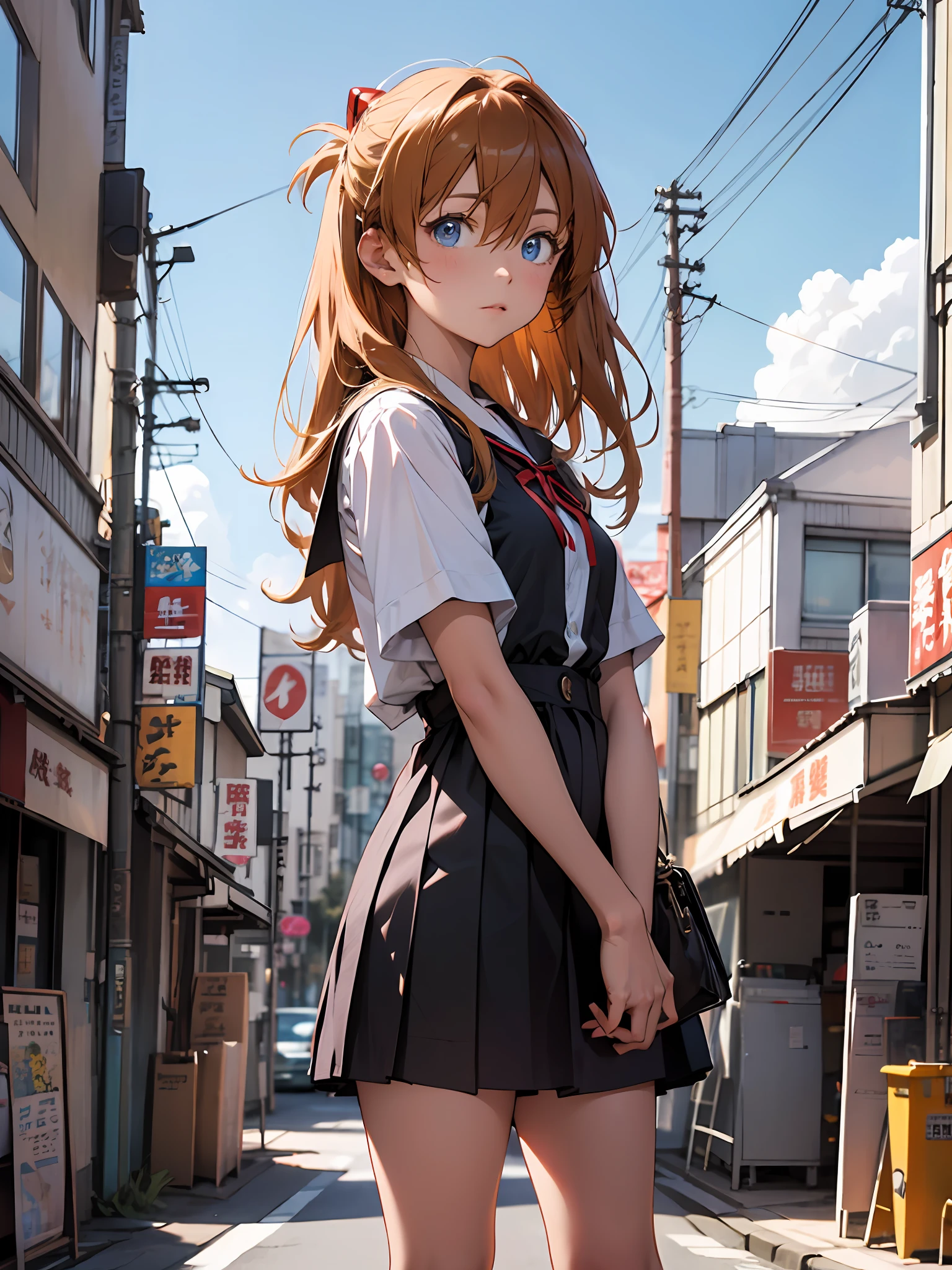 Asuka Langley Soryu，Blue eyes，hair between eyes，headware，Interface headset，Orange hair，Red ribbon、Ribbons、shcool uniform、skirts、Slip dress、Slip dress、Tokyo No. 3 Junior High School uniform、album artwork，Storytelling images