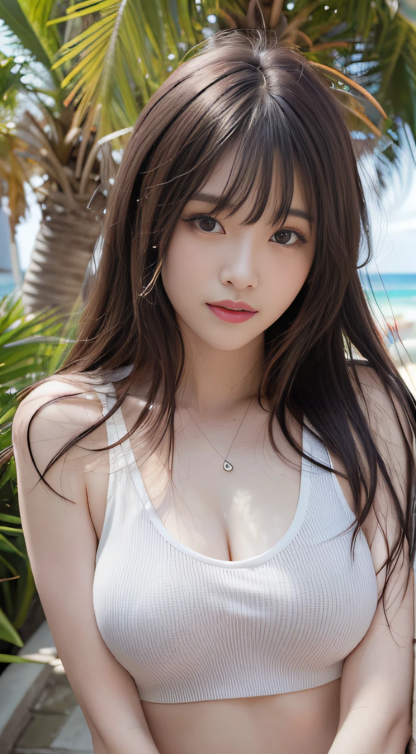 ((Realistic lighting、beste Quality、8K、Master Masterpiece:1.3))、Clear focus:1.2、a 1 girl、Perfect Body Beauty:1.4、Slim abs:1.1、a whole body、((darkbrown hair、a large breast:1.3))、(Acceleration:1.4)、(al fresco、Daylight:1.1)、View of Waikiki Beach、Palm Tree、slender face、Fine eyes、Double eyelidd、poses of fashion models、Floating hair、T‐shirt、Pendants、Angel Smile