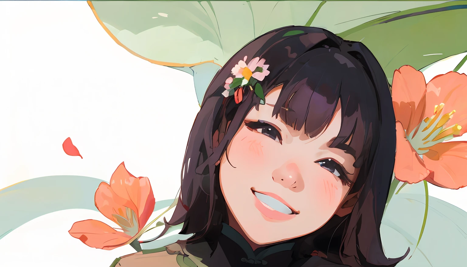 A young girl with flowers in her hair, young asian girl, smiling girl, small wide smile,High-precision illustration，High-precision facial features