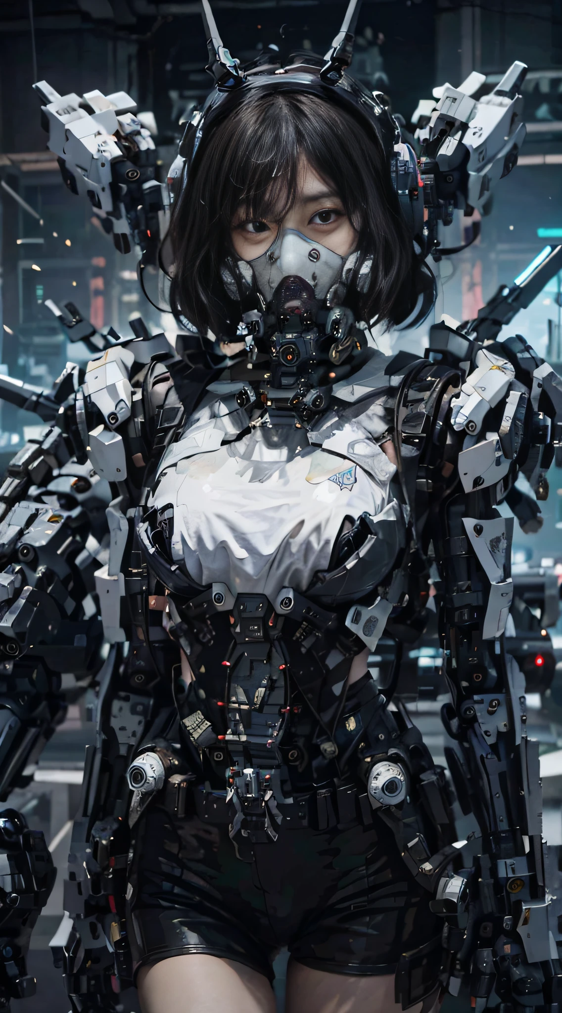 This is a CG Unity 8k wallpaper with ultra-detailed, high-resolution and top quality in cyberpunk style, dominated by black and red. In the picture, a beautiful girl with white messy short hair, a delicate face, wearing a steam mecha mask, standing on the ruins, behind her is a huge robot, and the action of a woman holding a heavy sniper rifle in her hand,