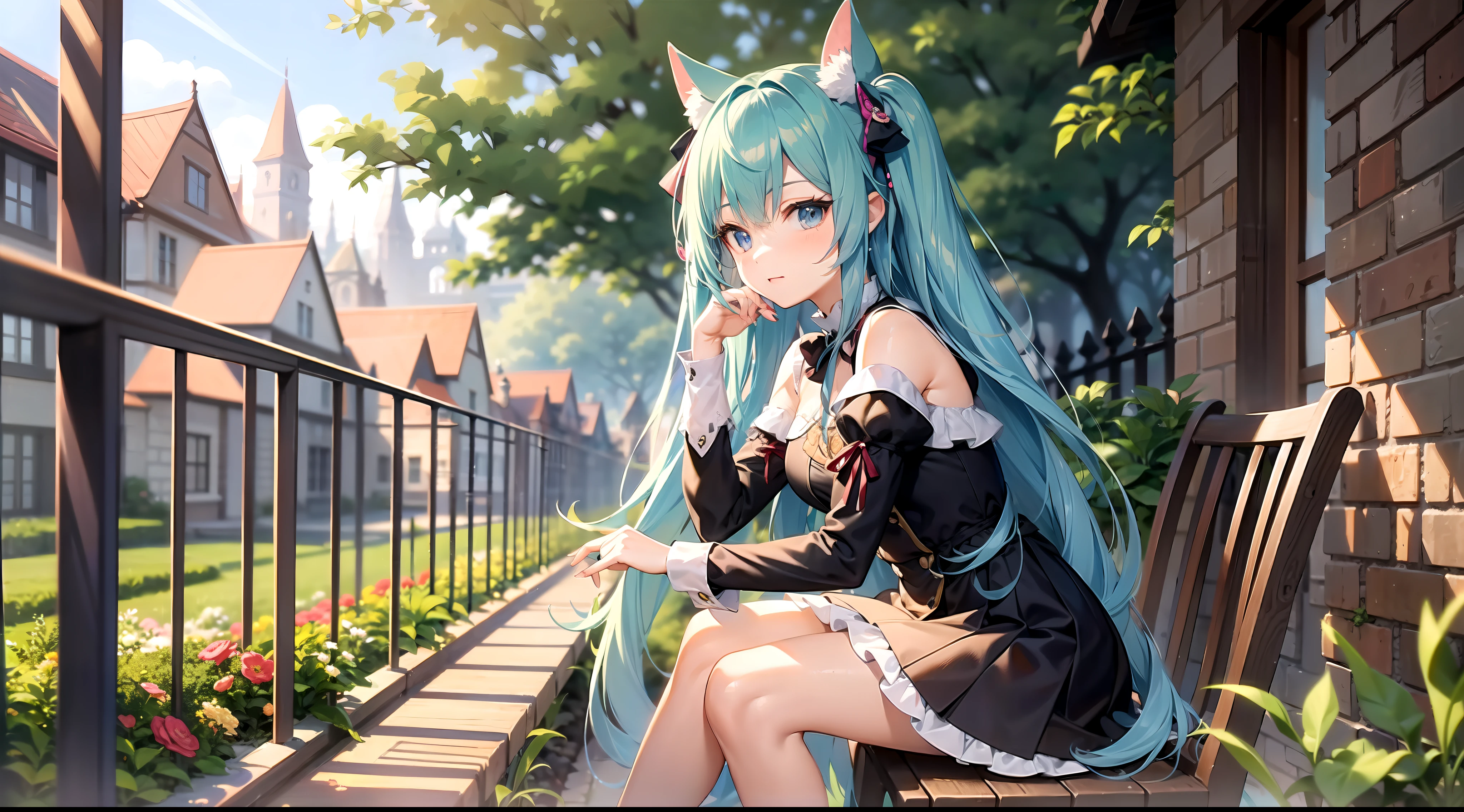 cute anime girl sitting on chair at garden, long blue hair, high quality, high detail