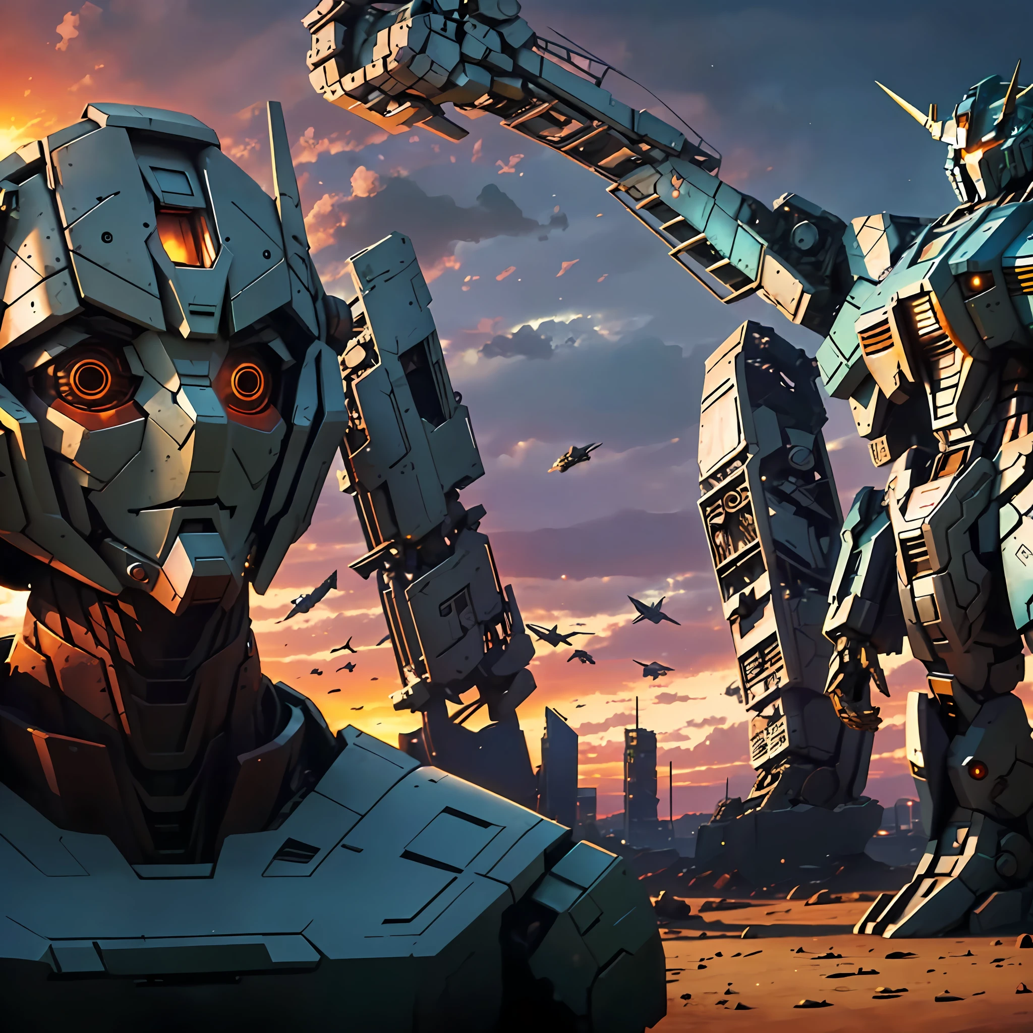 araffe statue of a giant robot standing in front of a sunset, iron giant at sunset, giant mecha robot, giant mecha, Grand mecha, large robot, giant robot mech, giant robots, large robot, engineers building a giant mecha, beeple and tim hildebrandt, beeple and mike winkelmann, transformers cinematic universe