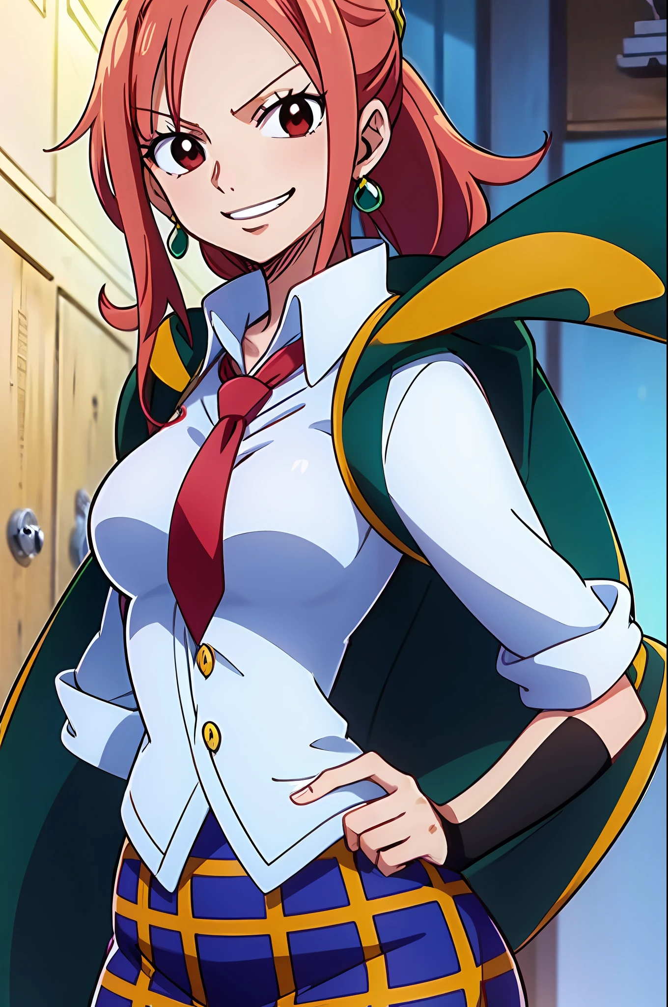 light smile, schoolgirl attire, white blouse with yellow jacket, green striped tie, red plaid skirt, red eyes and red hair in a twin ponytail, (style of one piece and fairy tail anime), (illustrated by Eiichiro Oda and Hiro Mashima), (style mixing), Lucy Heartfilia, Nico Robin