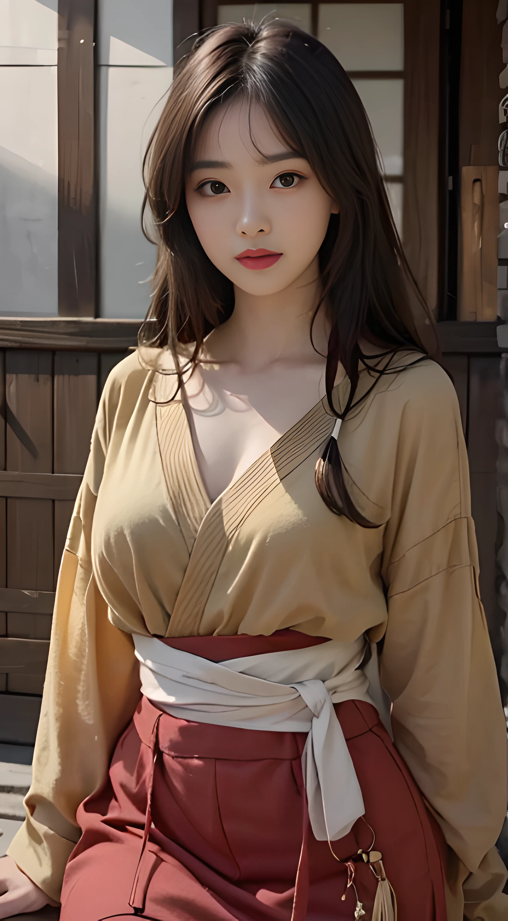 杰作， Best Picture Quality， hight quality， Beautiful woman， Japanese people， Popular Korean makeup， detailled， Swollen eyes， Detailed eyes， Detailed skin， Beautiful skin， The ultra-great resolution， （realistically： 1.4）， Very beautiful， Slightly younger face， Beautiful skin， Slim， （ultra realistis）， （illustration）， （high resolusion）， （8K）， （very detaile） （best illustrations）， （Beautiful detailed eyes）， （Ultra detailded）， （wall paper）， （Detailed face）， looking at the spectator， finely detailled， Detailed face，pureerosfaceace_V1，Smiled，facing straight ahead，facing straight ahead，From the angle of waist up，photo of a realistic，Bright lights，professionallighting，Brunette hair（Some hair is partially green），long haired，Dark ruins，Big Red Moon，Gorgeous red and black dress，Mature woman，Long fashion bangs