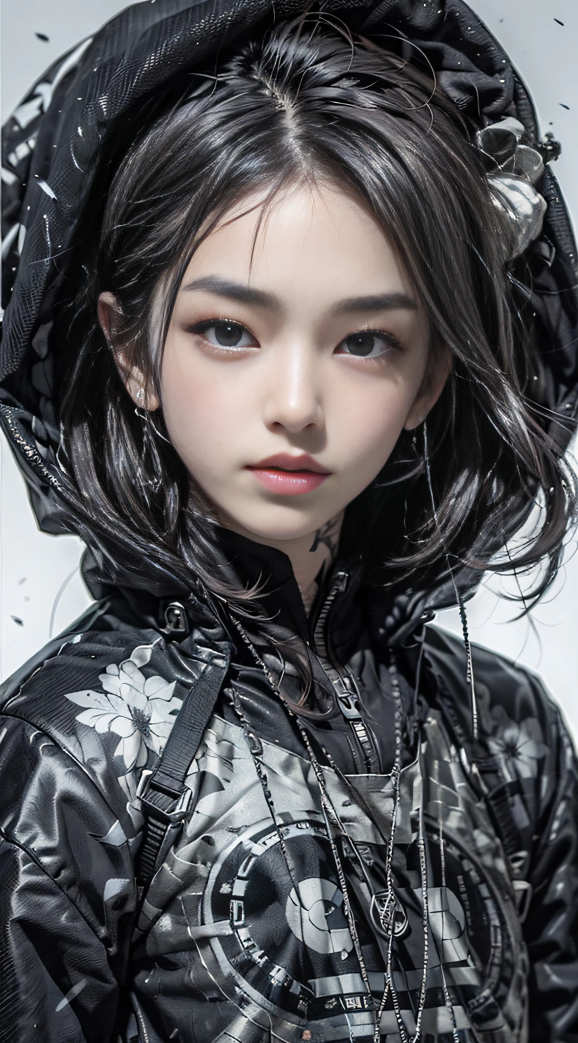 (品质最佳, 巨作)OriginalPhotographs,Fisheyes(rapper with dread hair, tattooed,mechanic arms)techwear jacket,Hood,scrolls,black and white clothes,Very detailed,Cinematic,Glow,ultrasharp,Particle