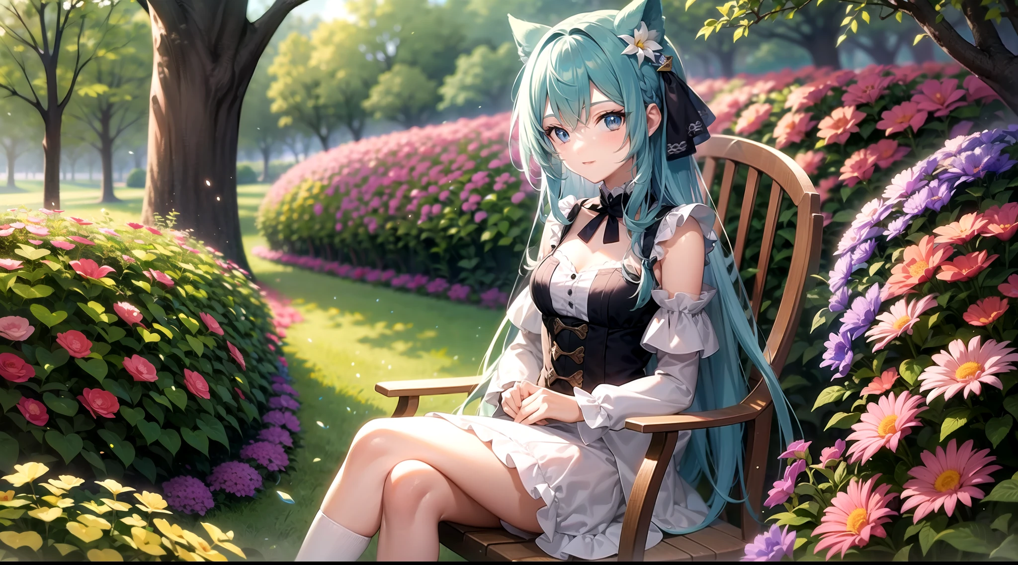 cute anime girl sitting on chair at garden, long blue hair, high quality, high detail