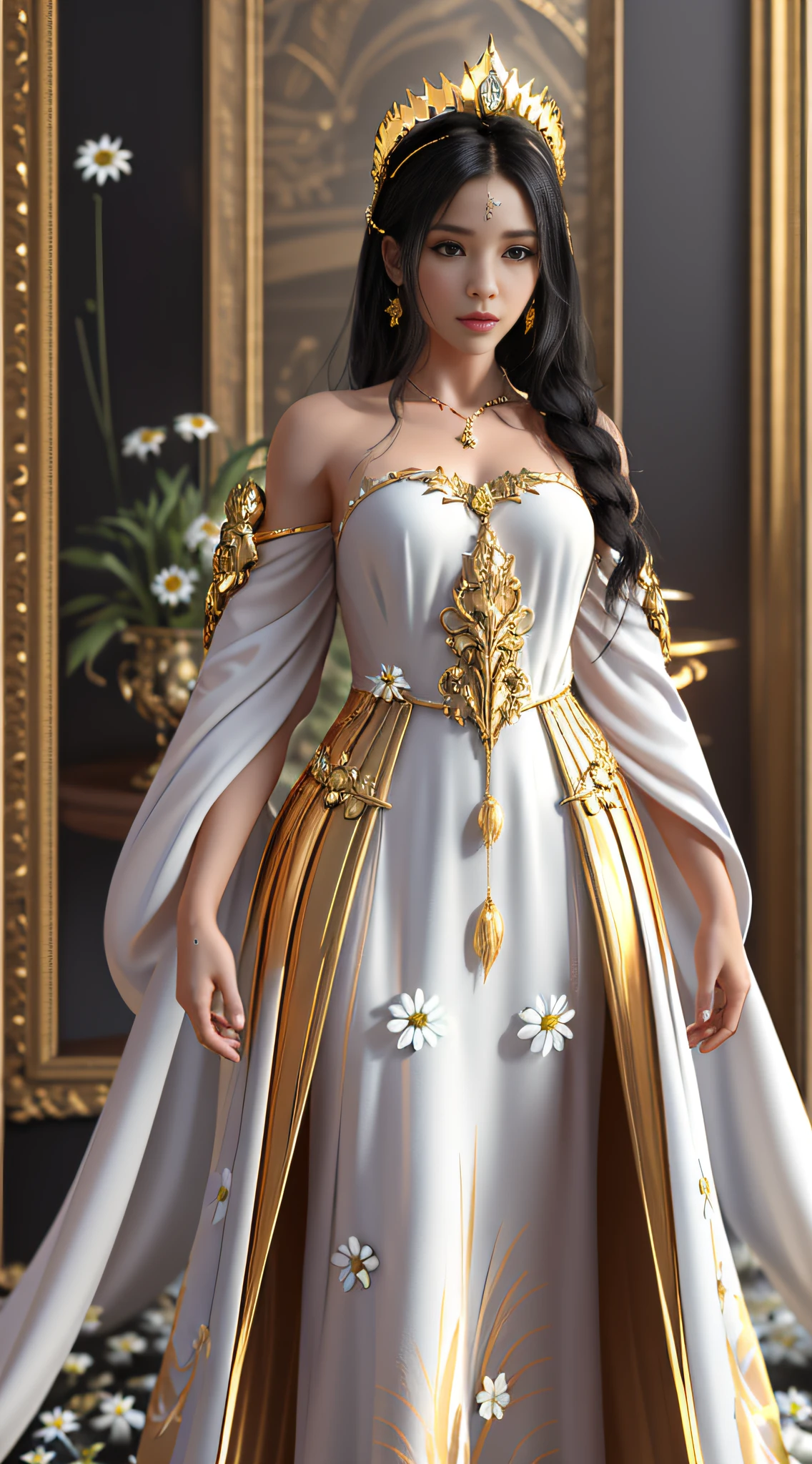 High detail，super alta qualidade，8K，Unreal Engine，masterpiece，Best quality，hyperdetailed，detailed，intricate，3D，there is a woman in a dress and a crown standing in front of a gold frame，white and gold priestess robes,，Extremely high detail, White daisies and gold decorations，Delicate face，Filaments that emit a golden glow are wrapped around you，In his right hand he holds a white daisy，Full body photo